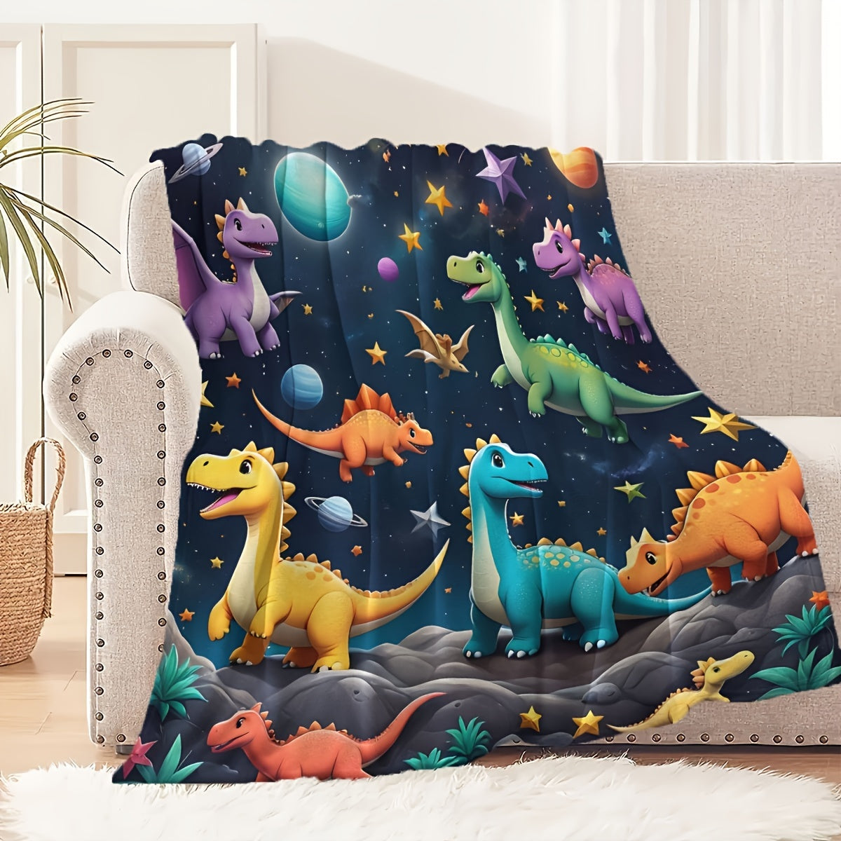 Manta de felpa con estampado de dinosaurio y estrellas, suave y cómoda para sofá, cama y viajes