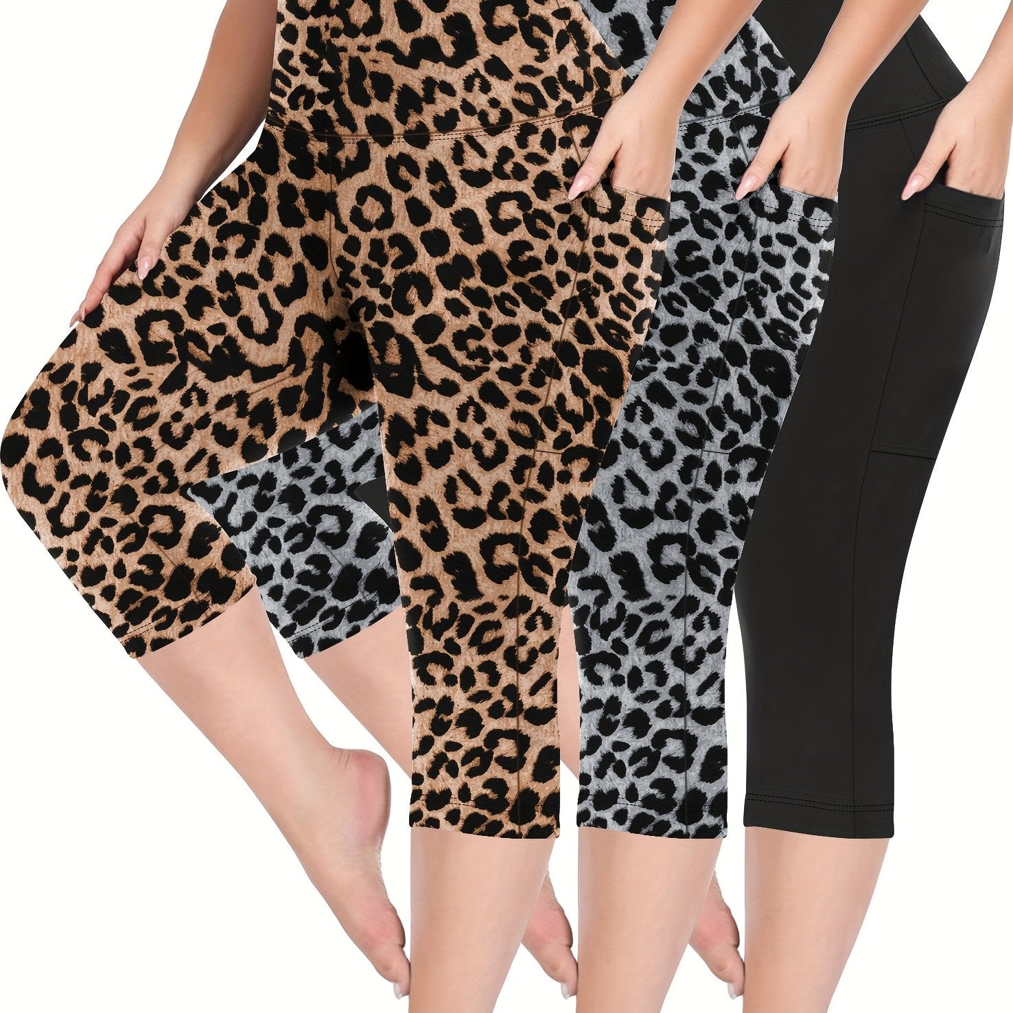 Plus Size High-Waisted Shorts Set With Pockets Stretch Fabric Summer Leopard