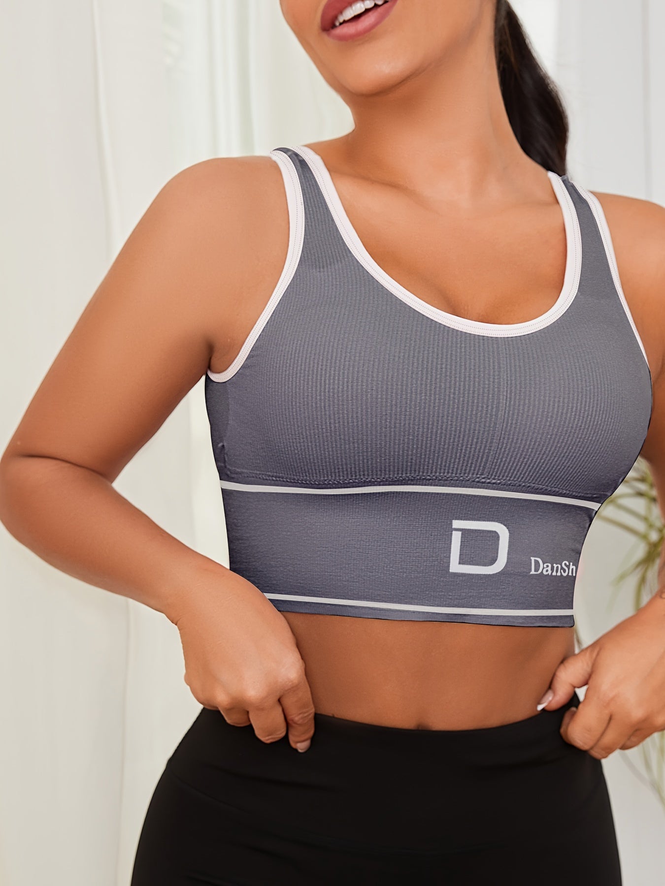 Women's High-Elasticity Ribbed Sports Bra Tank Top Olive Green Padded Wireless