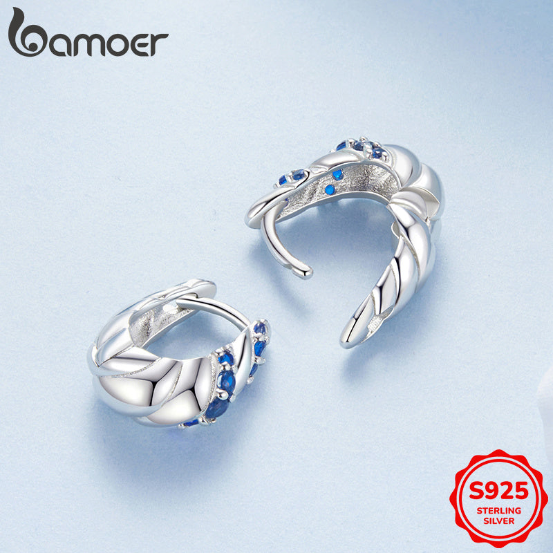 Sterling Silver Hoop Earrings Blue Twisted Design Synthetic Zirconia for Party or Daily Wear
