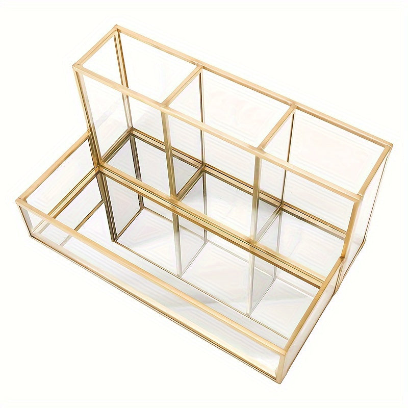 1 dona metall shisha makiyaj cho'tkasi ushlagichi, ko'zgu qozon, kosmetikalar, parfum, tirnoq bo'yog'i, lab bo'yog'i uchun saqlash tokchasi. Uy saqlash va xona bezatish uchun 4 ta to'rtburchak.