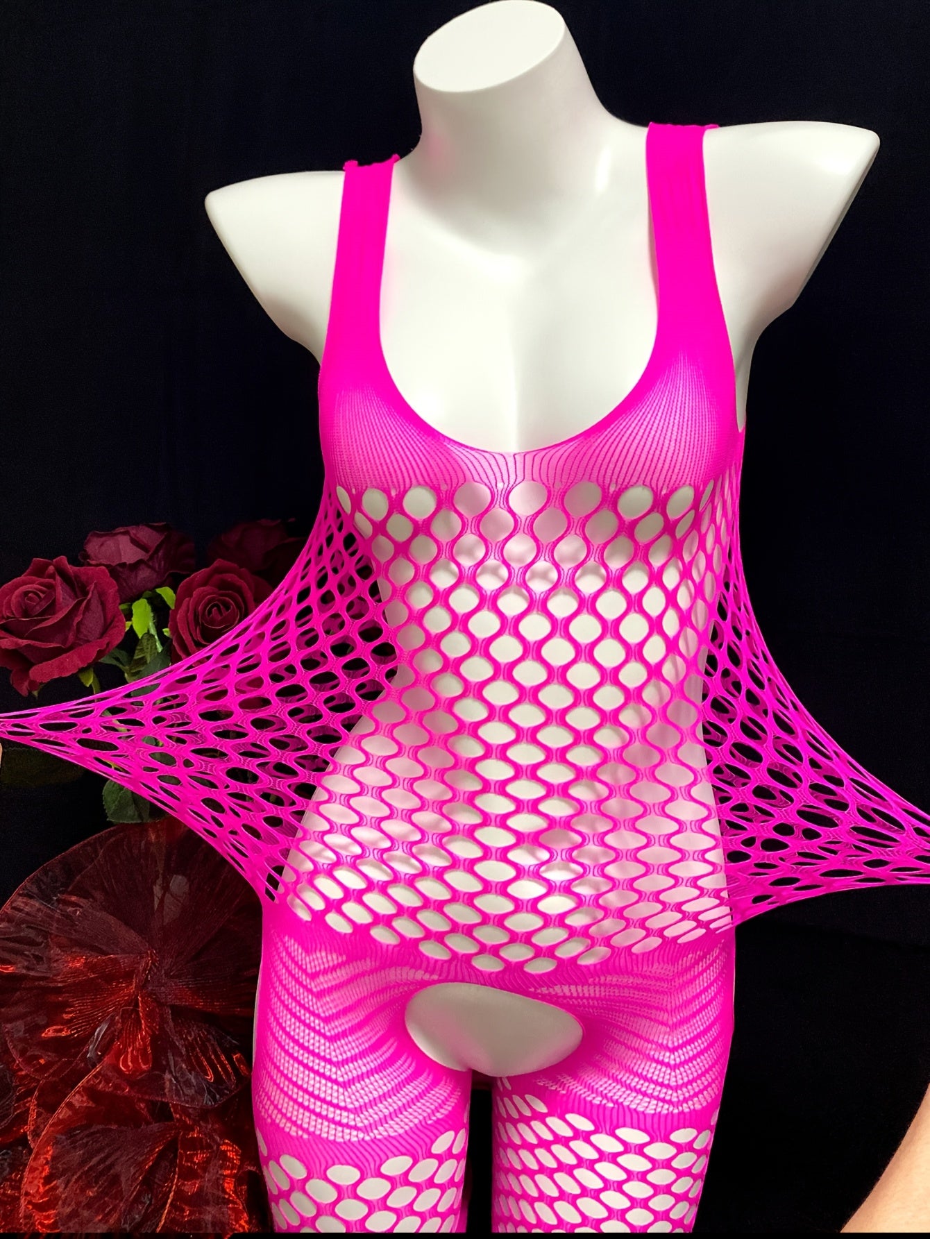 Pink Fishnet Bodysuit for Women Hollow-Out Sheer Lingerie Set