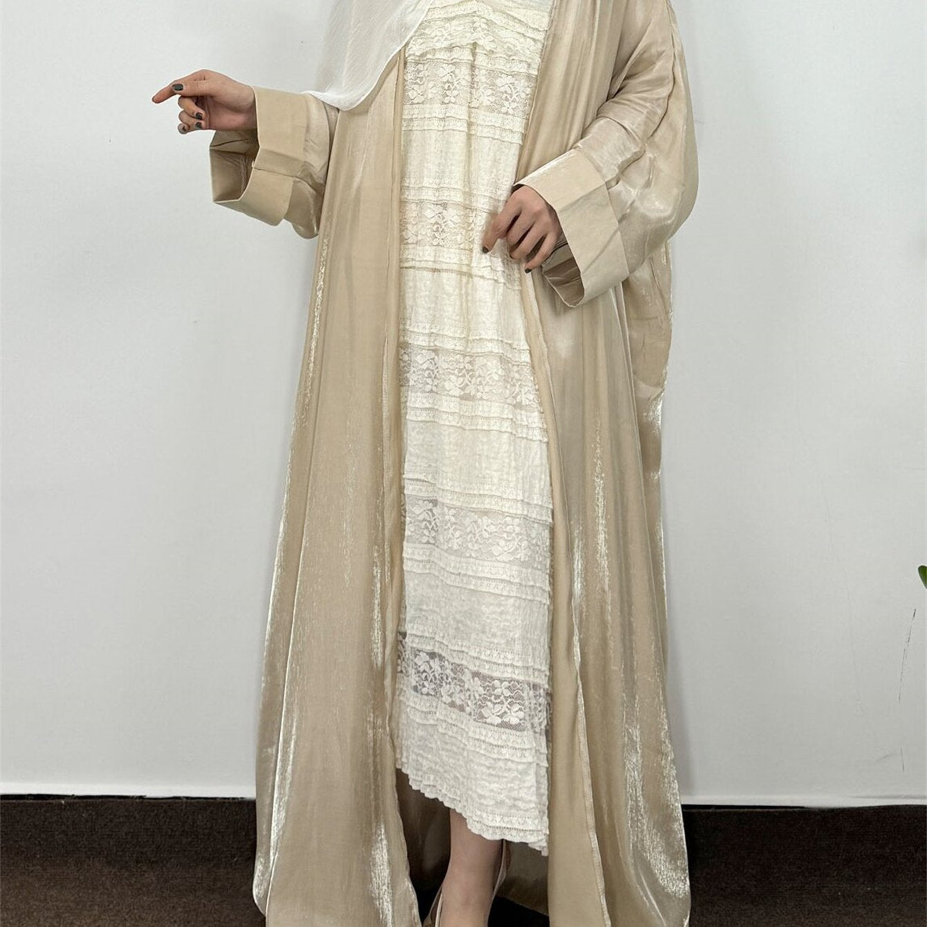 Plus Size Muslim Abaya Robe Satin-Finish Full-Length Dress for Women