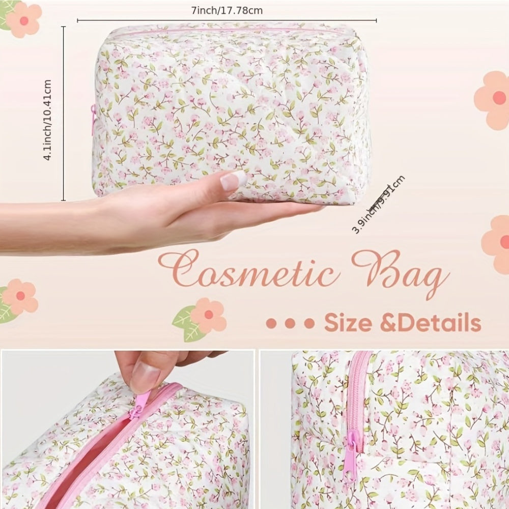 Unisex Floral Quilted Cosmetic Bag Water-Resistant Large Capacity Makeup Skincare Organizer