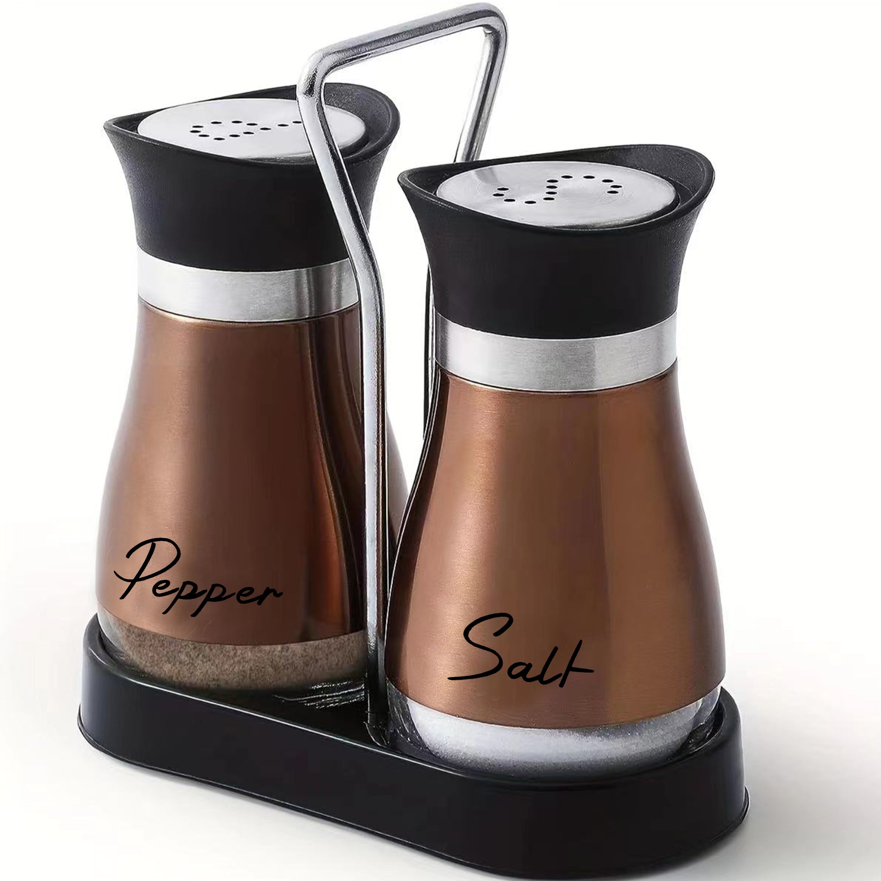 Set of 2 Glass Salt and Pepper Shakers with Holder, 4 oz Refillable Stainless Steel Lids