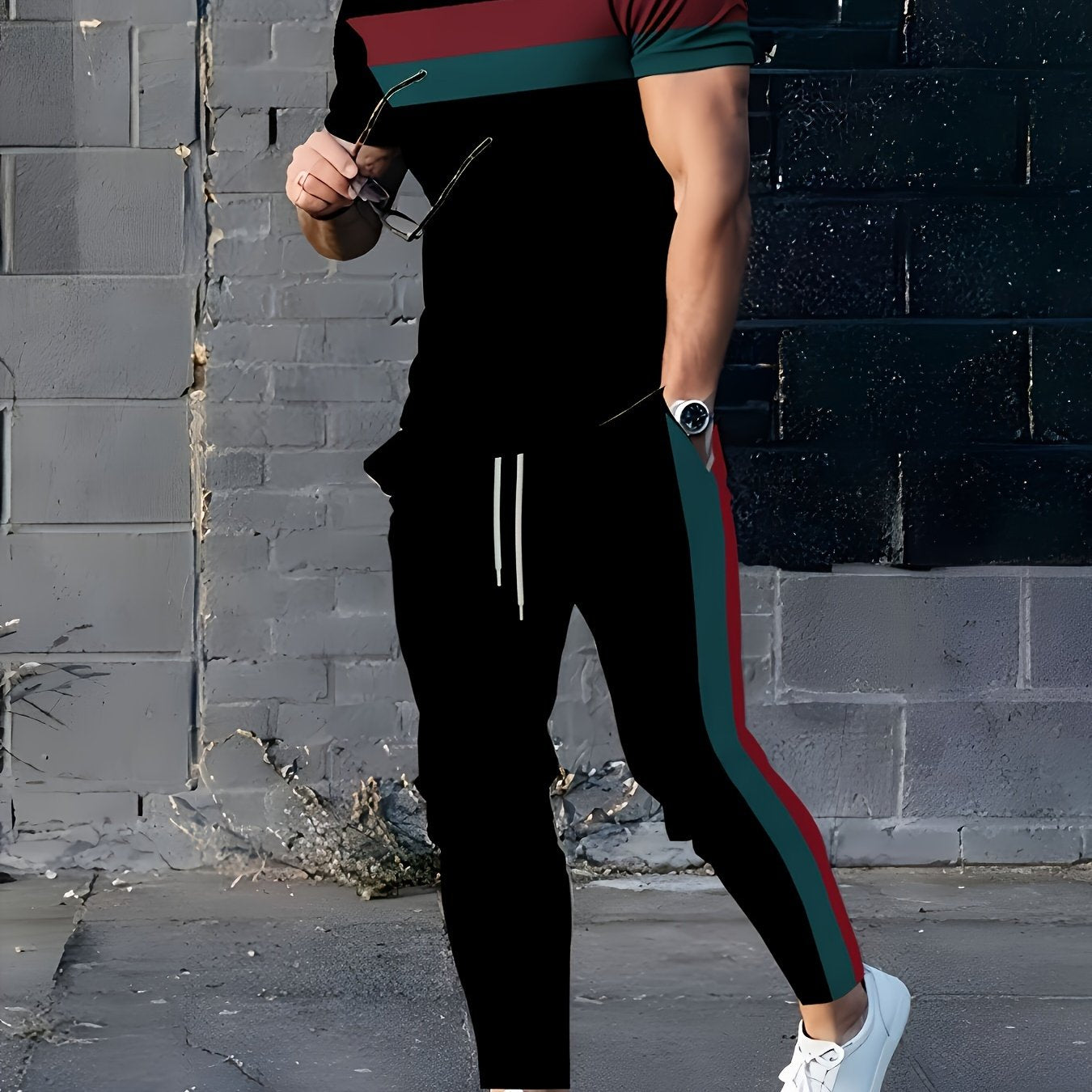 Men's Striped Polyester Sports Set with 3D Print Crew Neck for Spring Fall Casual Goin Out