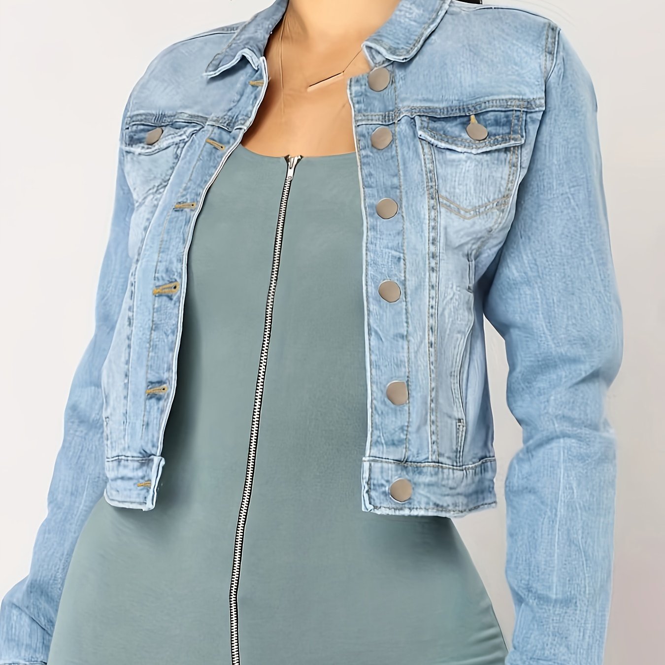 Women's Light Blue Denim Jacket with Flap Pockets Long Sleeve Spring Fall