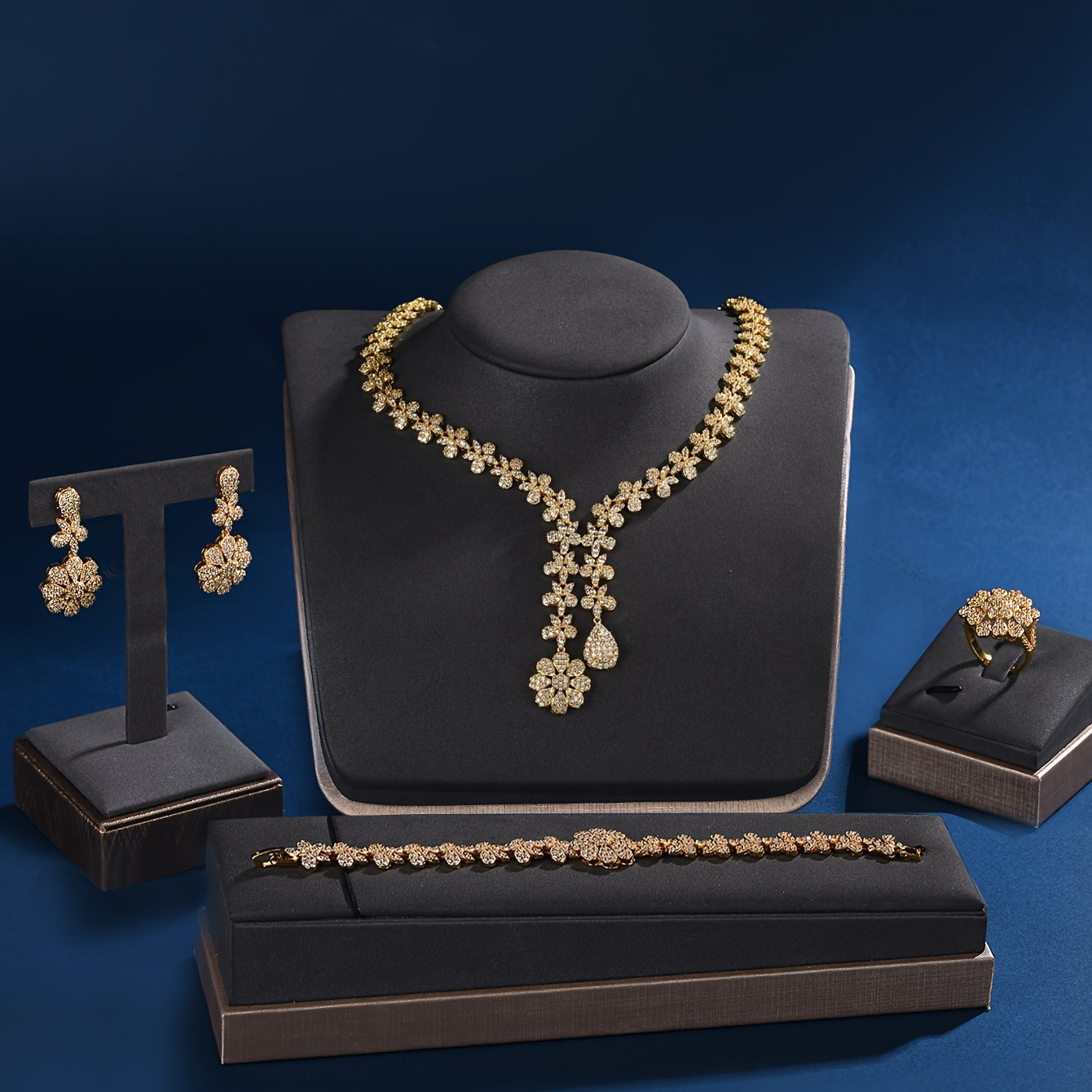 Gold Plated Copper Jewelry Set for Women with Synthetic Zirconia 5-Piece for Parties Weddings