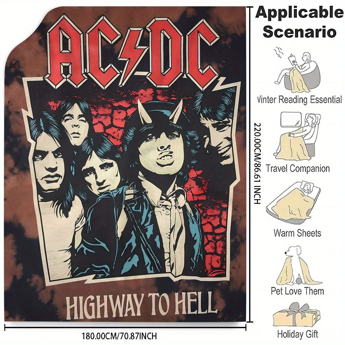Bu AC/DC "Highway to Hell" flanel tashqi ko'rinishi bilan iliq bo'ling va rok qiling! Rang-barang va allergiyaga qarshi raqamli bosma bilan qulay, bu ko'rpa yotoq xonasi, yashash xonasi yoki divan uchun mukammal. Musiqa ixlosmandlari uchun ideal sovg'a.