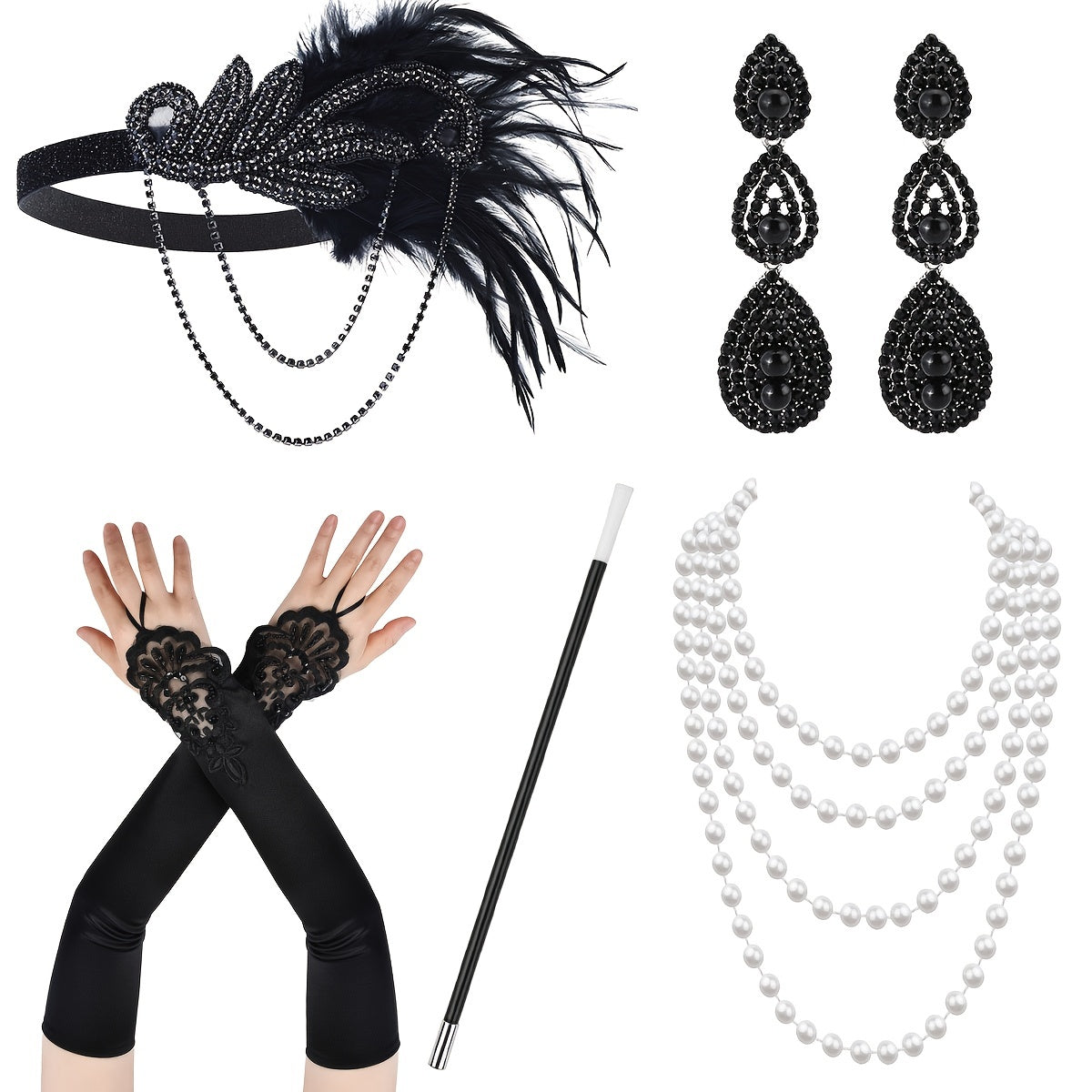 Set de accesorios de disfraces con temática Gatsby para mujeres con diadema de plumas, guantes, collar de perlas y sujetapapeles para cigarrillos