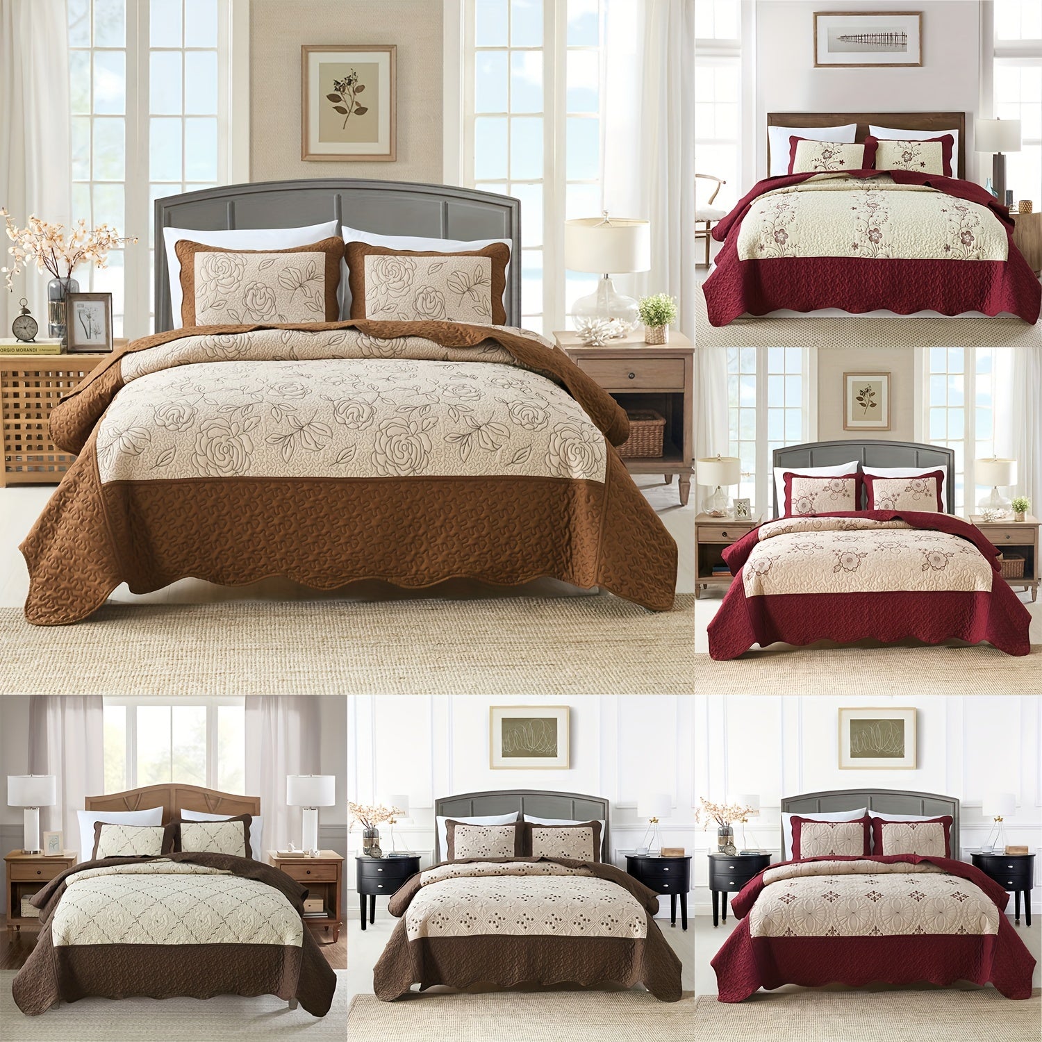 Red Quilt Cover Bedding Set with Flower Pattern Includes Bedspread and Pillowcases for Double Bed