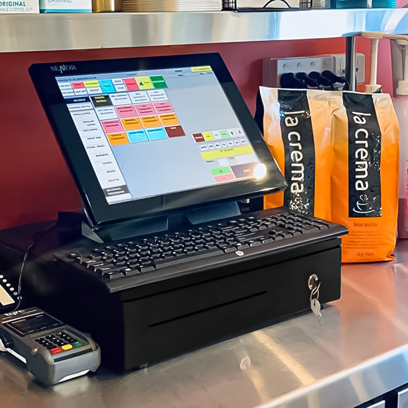 Caja registradora de acero con recubrimiento de zinc y impresora de billetes pequeños con conexión de efectivo