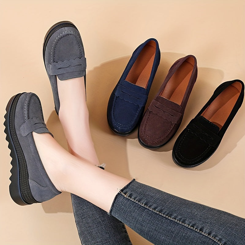 Women's Slip-On Platform Loafers Faux Cover Black Comfortable All-Season Shoes