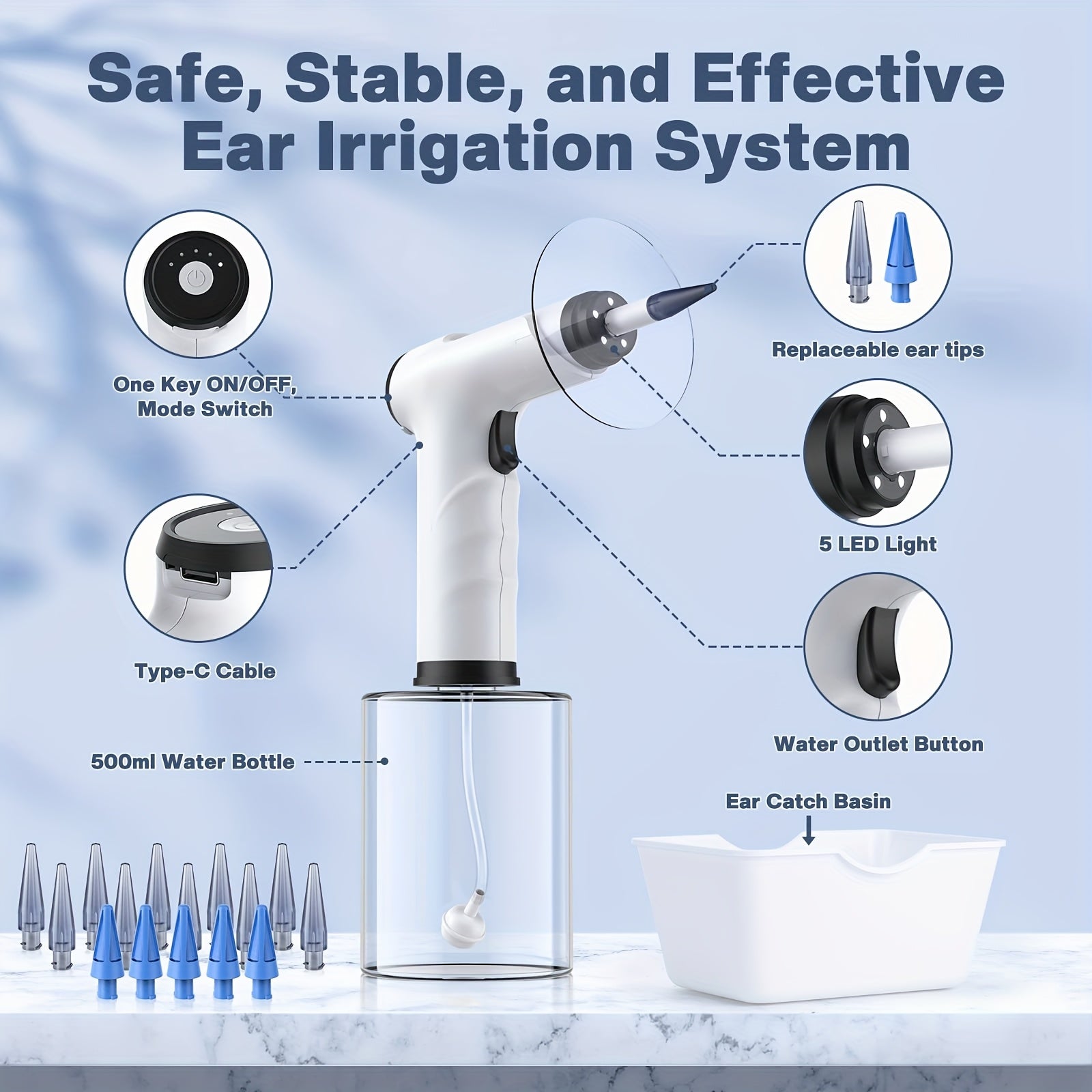 2025 yilgi Elektron Quloq Tozalash To'plami, quloq yuvish tizimi bilan, quloq shilliqni olib tashlash uchun xavfsiz va samarali. 10 ta bir martalik nozzle va kamera bilan quloq shilliqni olib tashlash vositasi kiradi.