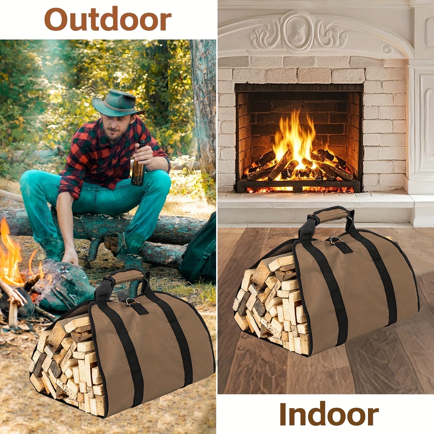 Canvas Log Carrier Bag Firewood Tote with Handles and Security Strap