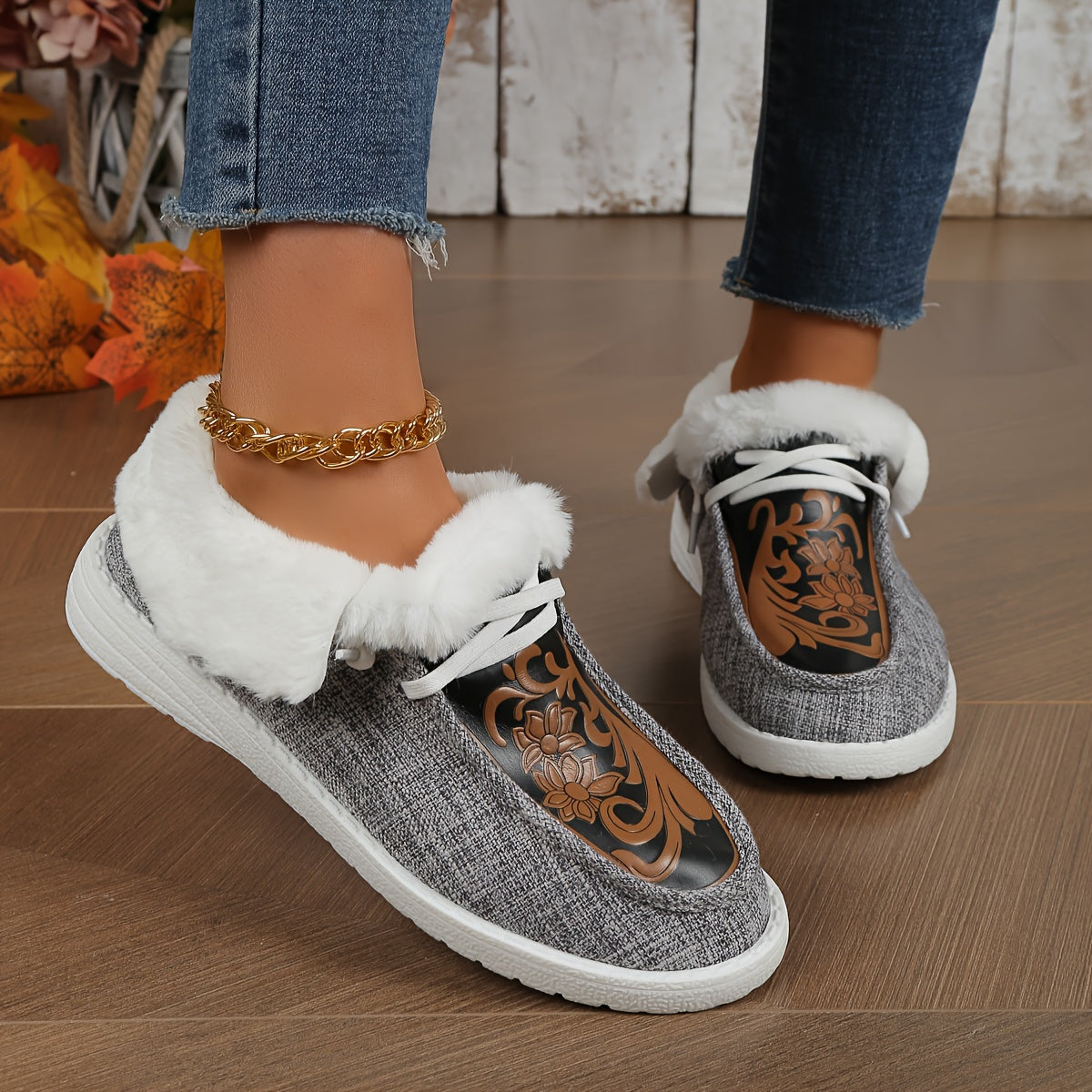 Ayollar uchun qorli botlar, mo'ynali ichki qismi, EVA taglik, sirpanishga qarshi, kulrang, qishki poyabzal