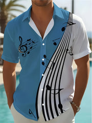 Camisa casual de manga corta de algodón tejido con gráfico de nota musical vintage de verano para hombres, talla grande y alta