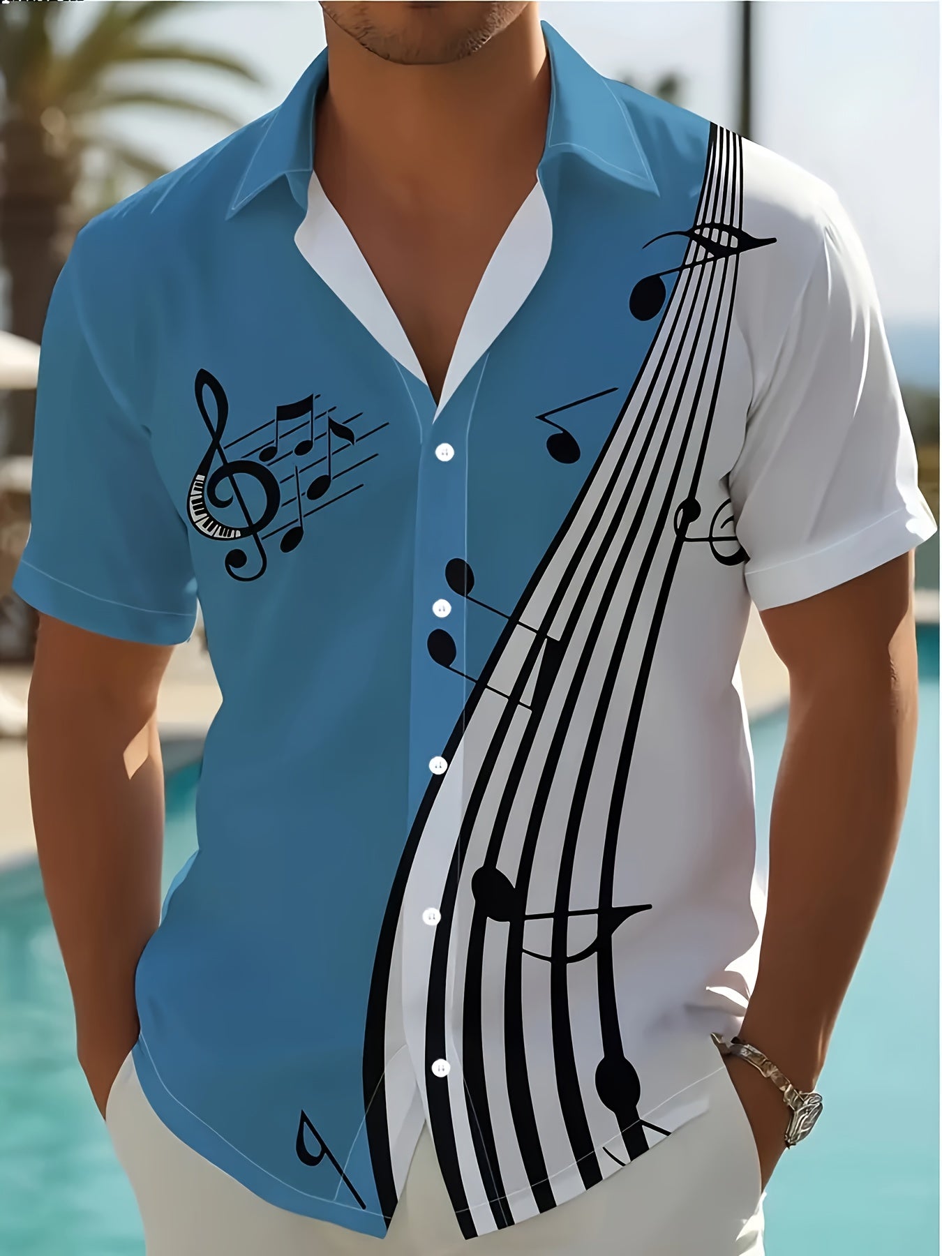 Camisa casual de manga corta de algodón tejido con gráfico de nota musical vintage de verano para hombres, talla grande y alta