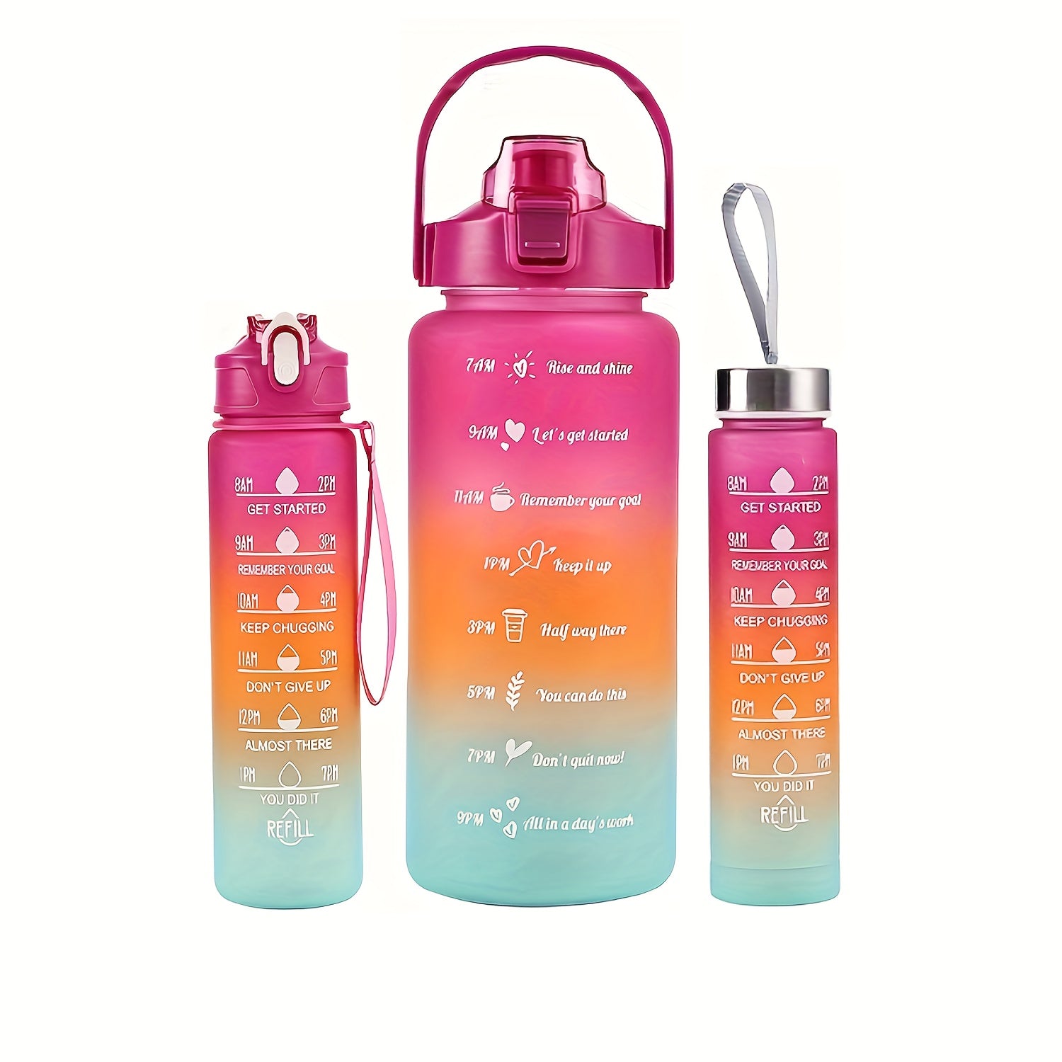 Set de botellas de agua con gradiente de 2L, libres de BPA, a prueba de fugas, con marcador de tiempo, pajilla, tapa con cierre para acampar y fitness