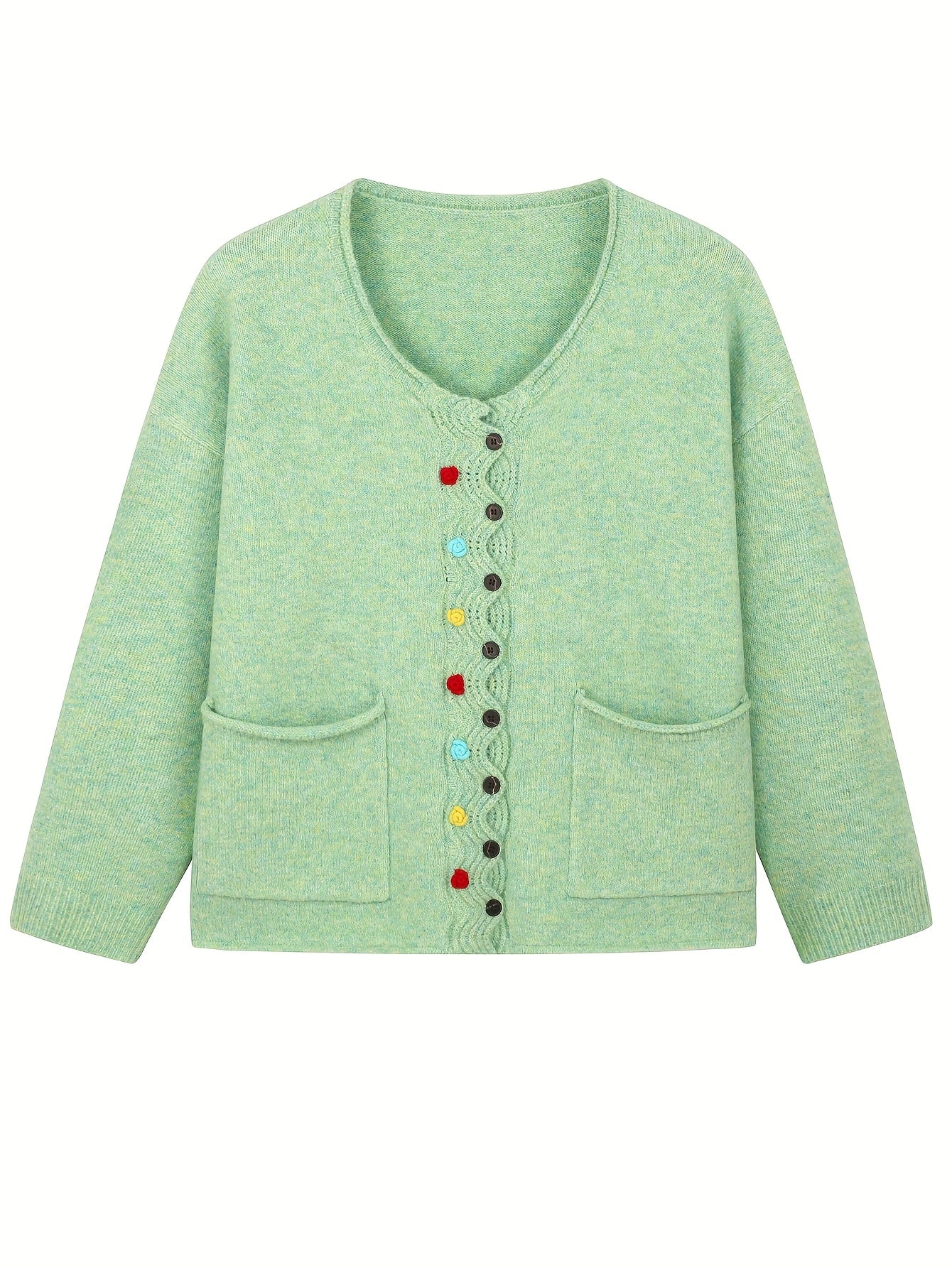 Plus Size Women's Light Green Cardigan Casual Crew Neck Long Sleeve