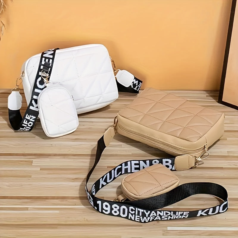 Set of 2 Quilted Crossbody Bags with Mini Coin Purse for Women in Black White Khaki
