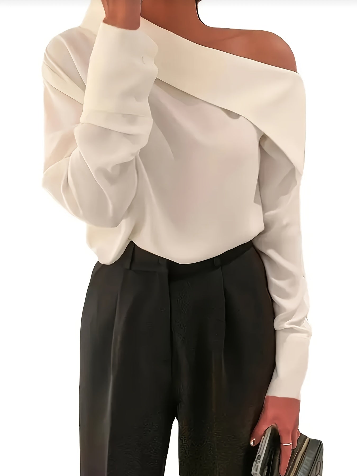 Plus-Size Women's Blouse Polyester One-Shoulder Long Sleeve Solid Color