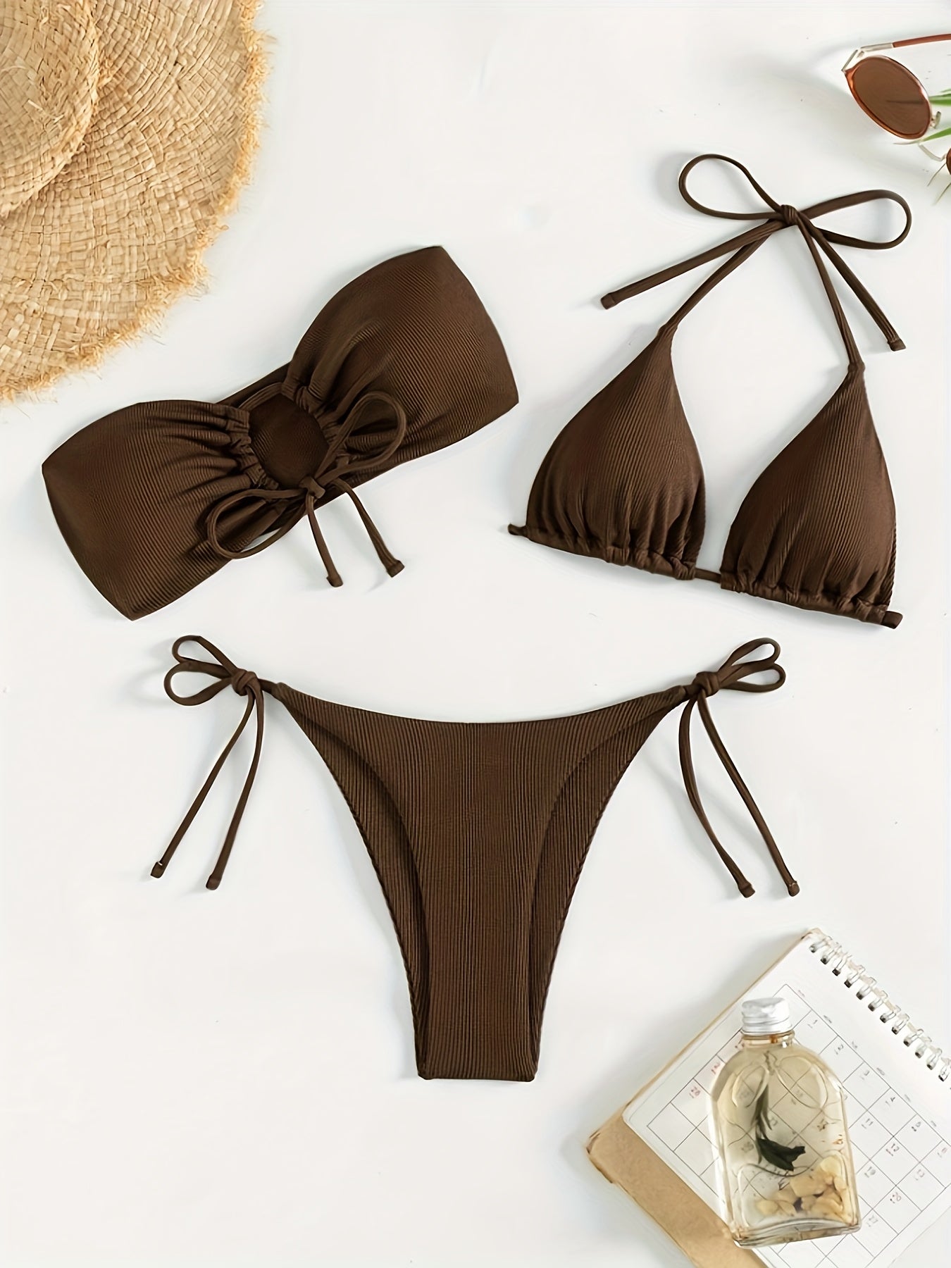Off-Shoulder Bikini Set with Lace-Up Detail Medium Stretch Solid Color for Beach and Pool