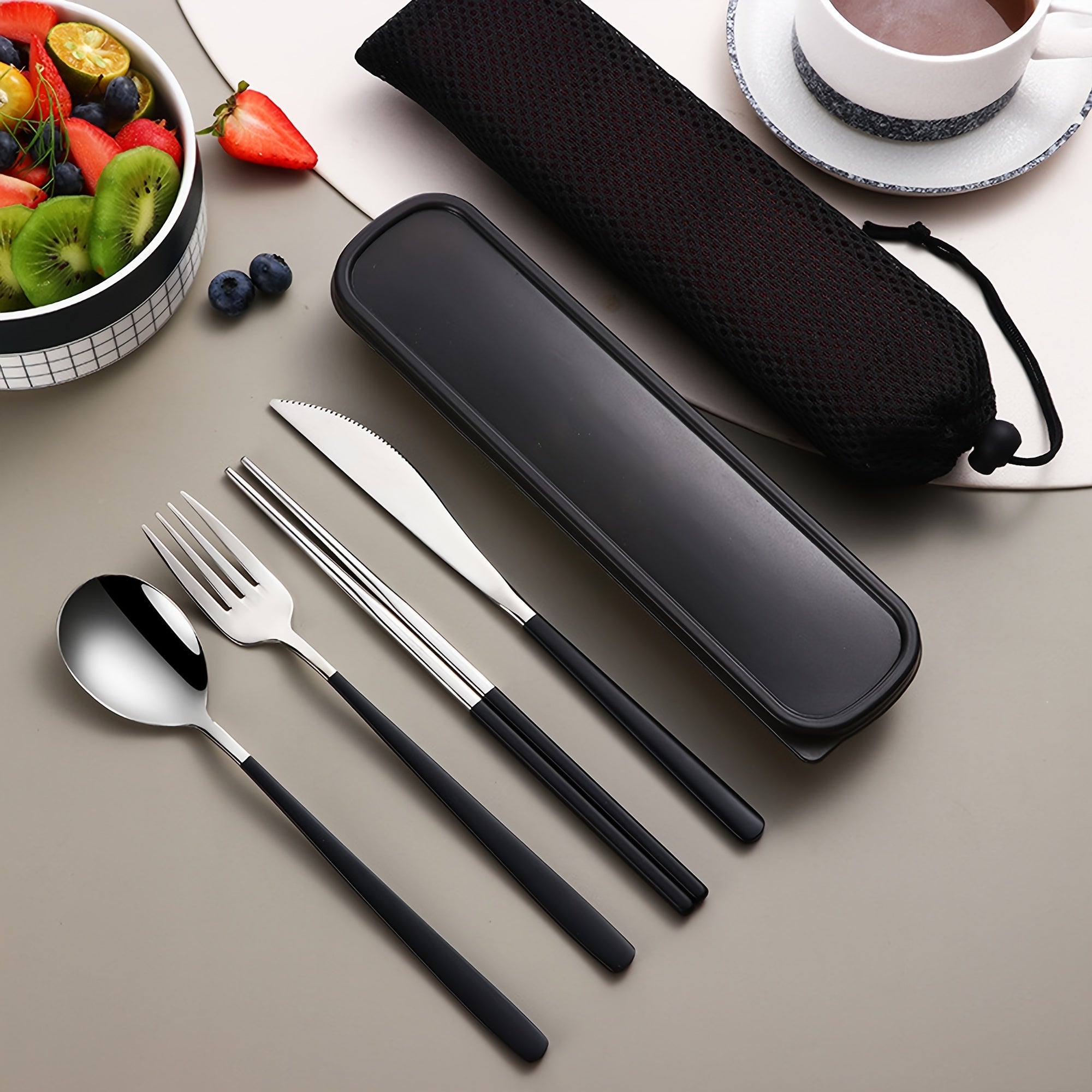 Stainless Steel Cutlery Set with Knife Fork Spoon and Chopsticks for Picnics Camping