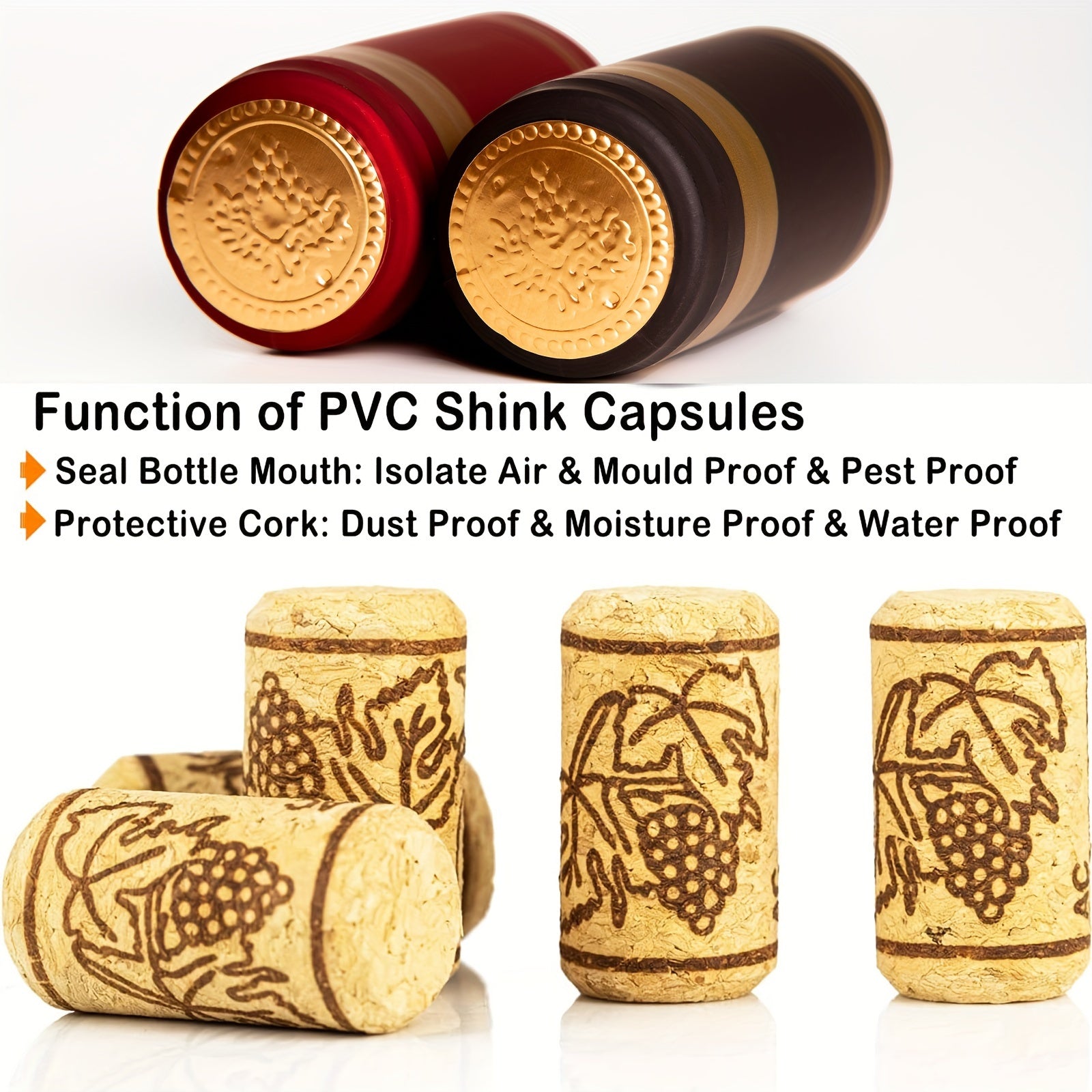 100 винных пробок и пломб, 50 натуральных пробок и 50 ПВХ термоусадочных капсул в 2 цветах.
