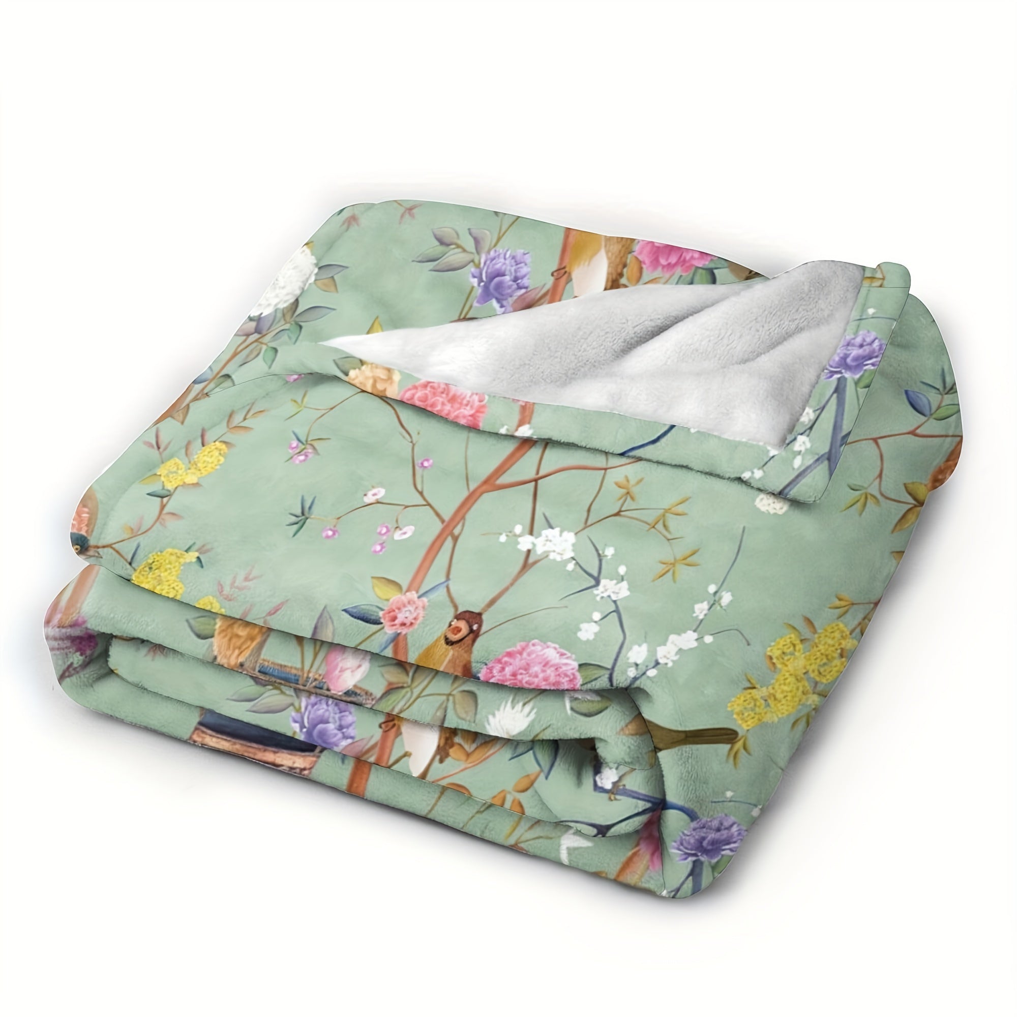 Flannel Blanket with Flower and Bird Pattern Cozy Soft Sofa Throw for All Seasons