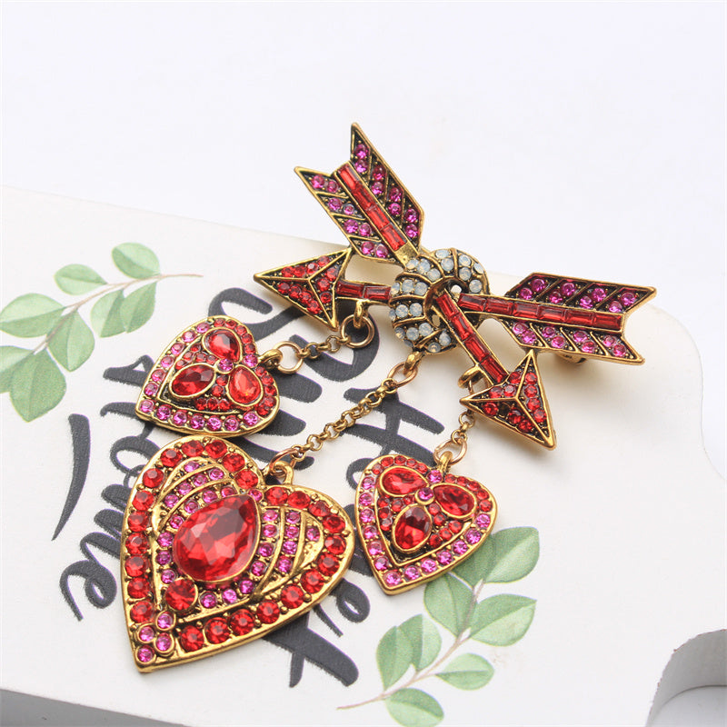 Rhinestone Enamel Heart Brooch with Fringe and Love Arrow Pin for Women