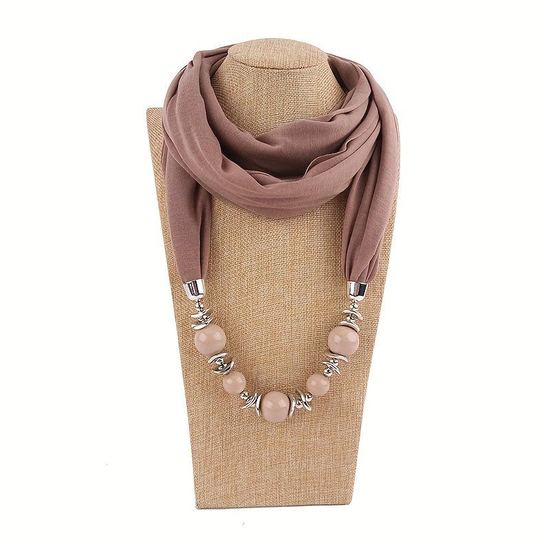 Women's Solid Color Infinity Scarf with Beaded Jewelry Necklace and Head Wrap