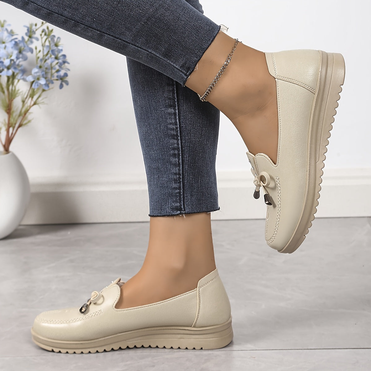 Women's Slip-On Flats Burgundy PU Casual Shoes Cushioned Insole