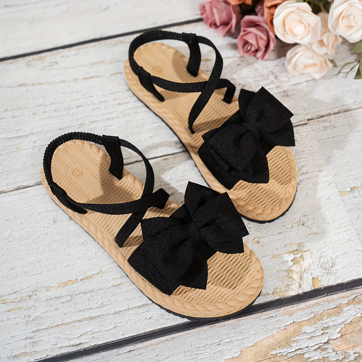 Women's Open Toe Bow Decorated Ankle Strap Flat Sandals Black Summer