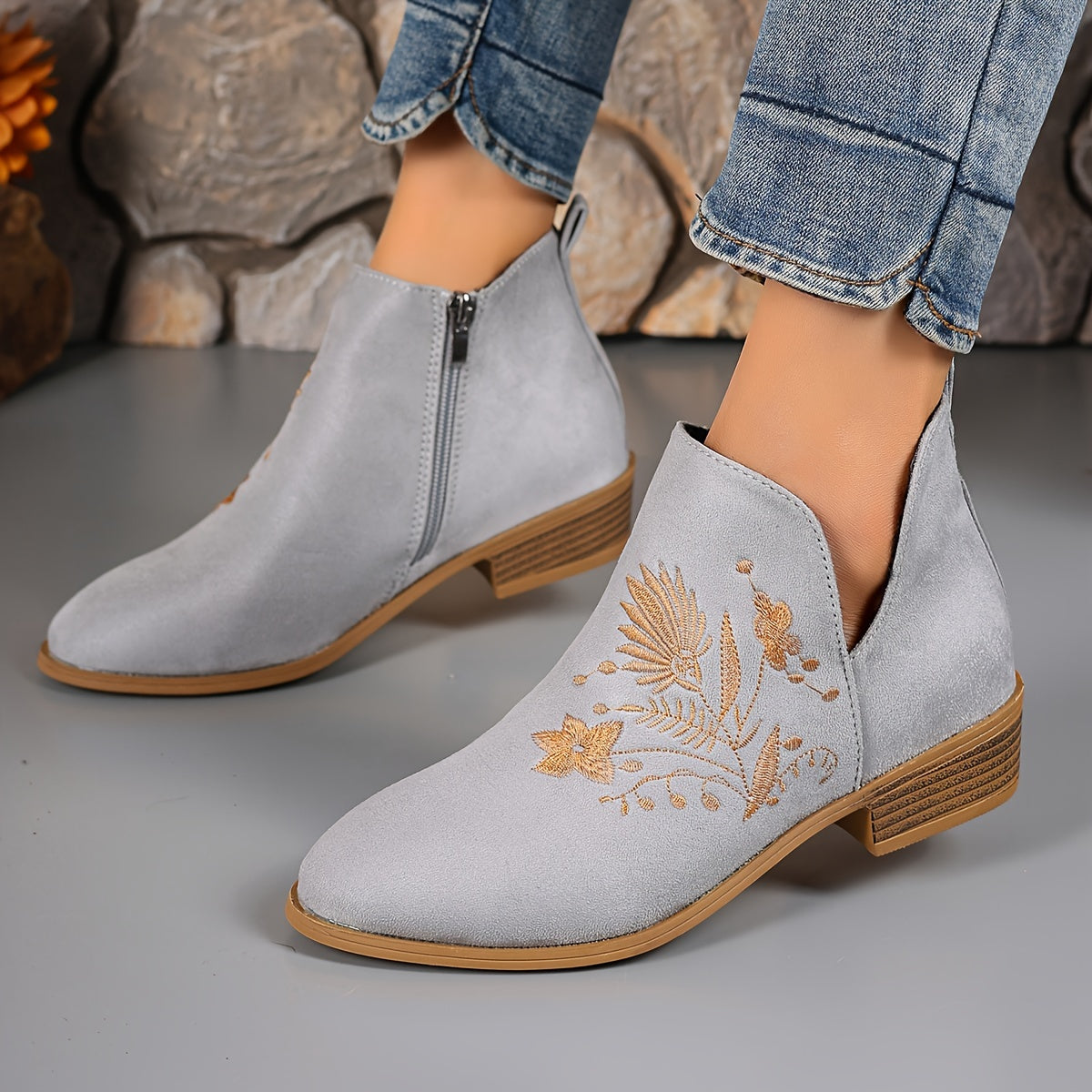 Women Embroidered Fabric Ankle Booties Round Toe Zip Mid-Heel French Heels