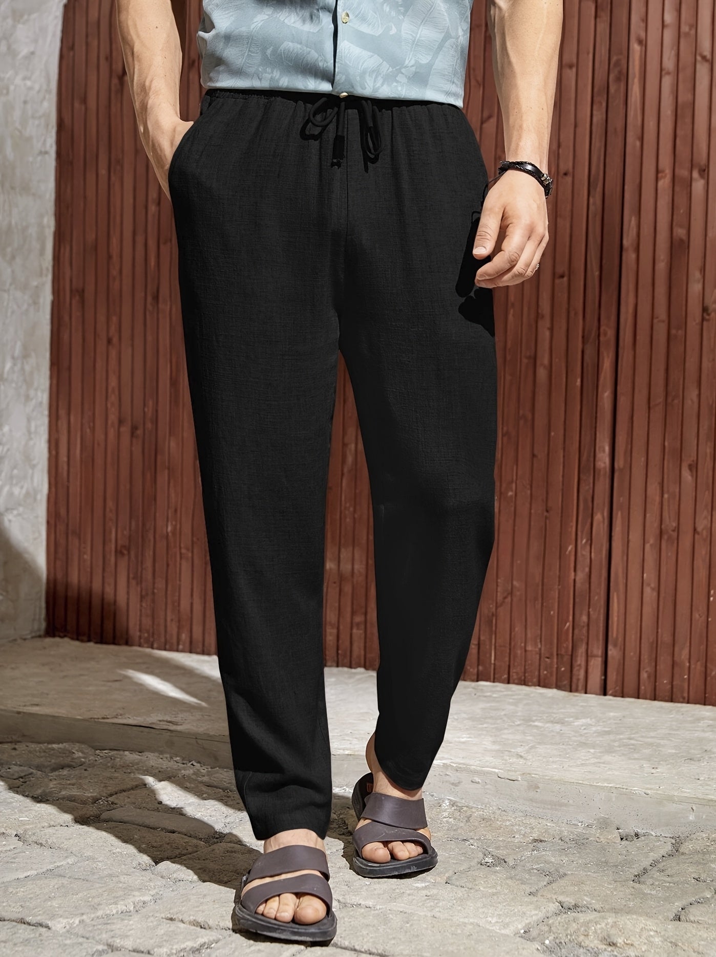 Men's Summer Linen Casual Pants Solid Color Drawstring Waist Regular Fit
