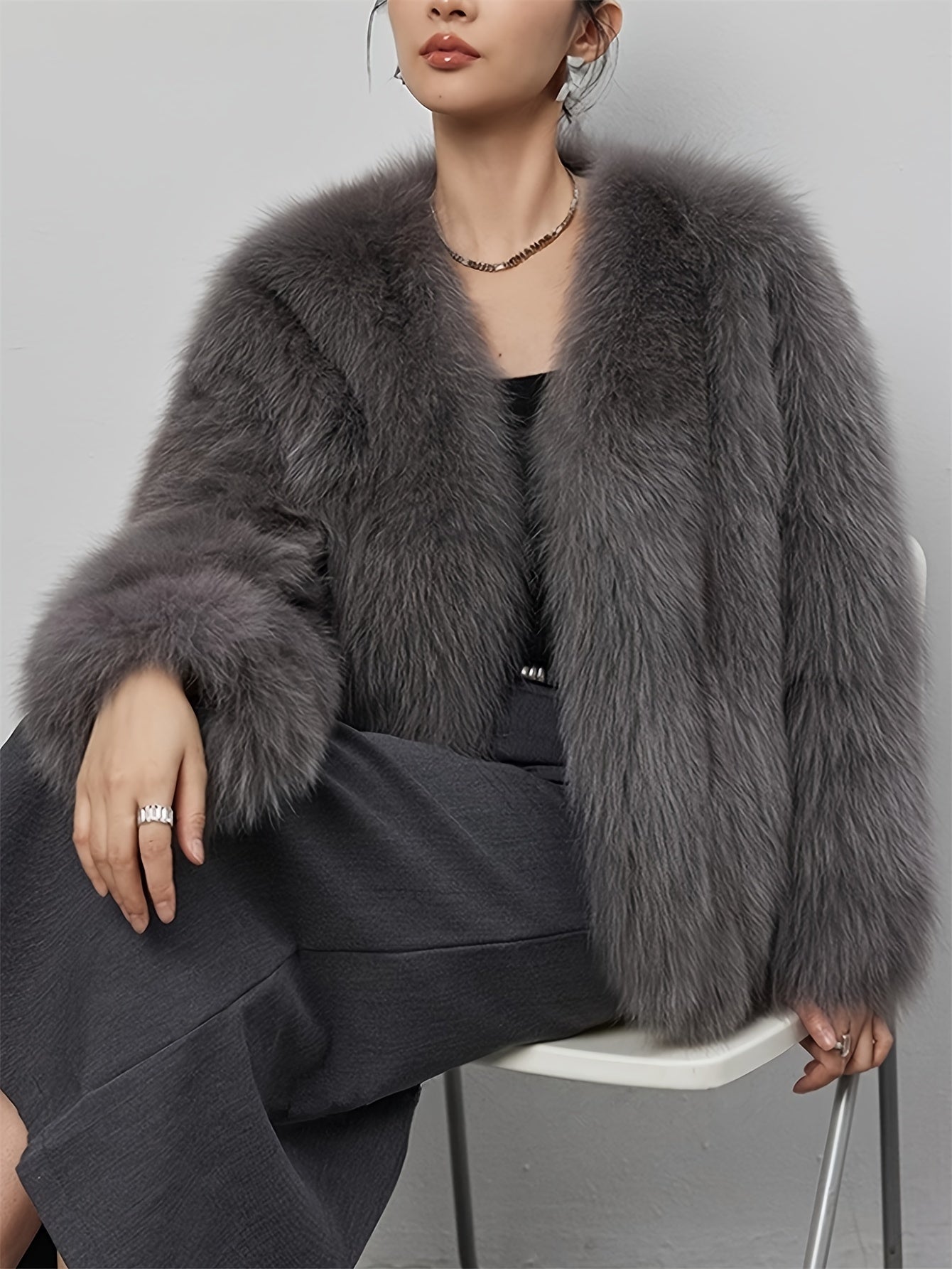 Women's Light Gray Faux Fur Coat with Fluffy Collar for Winter