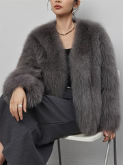 Women's Light Gray Faux Fur Coat with Fluffy Collar for Winter