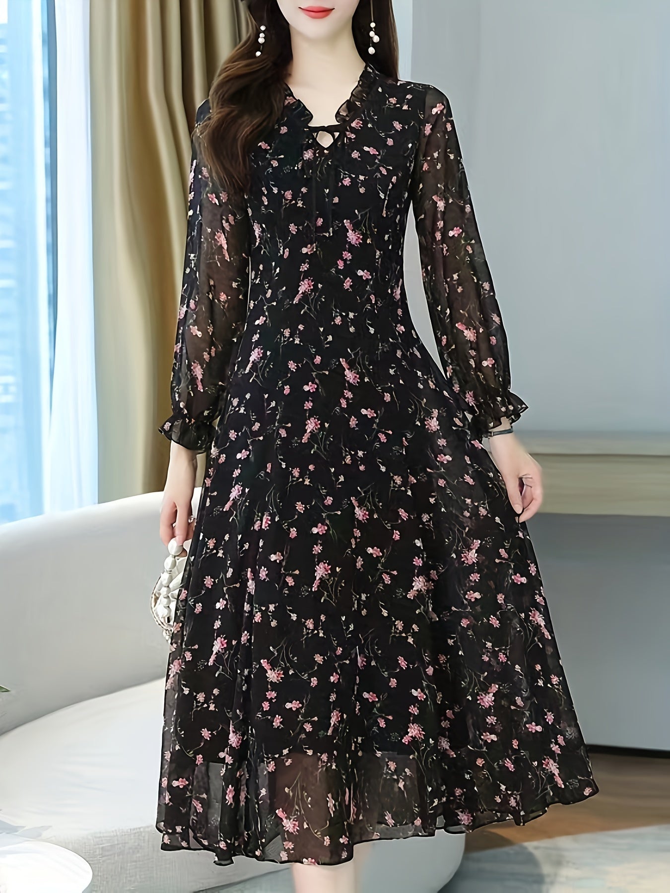 Women's Long Sleeve Ditsy Floral Polyester Dress V-Neck for Women