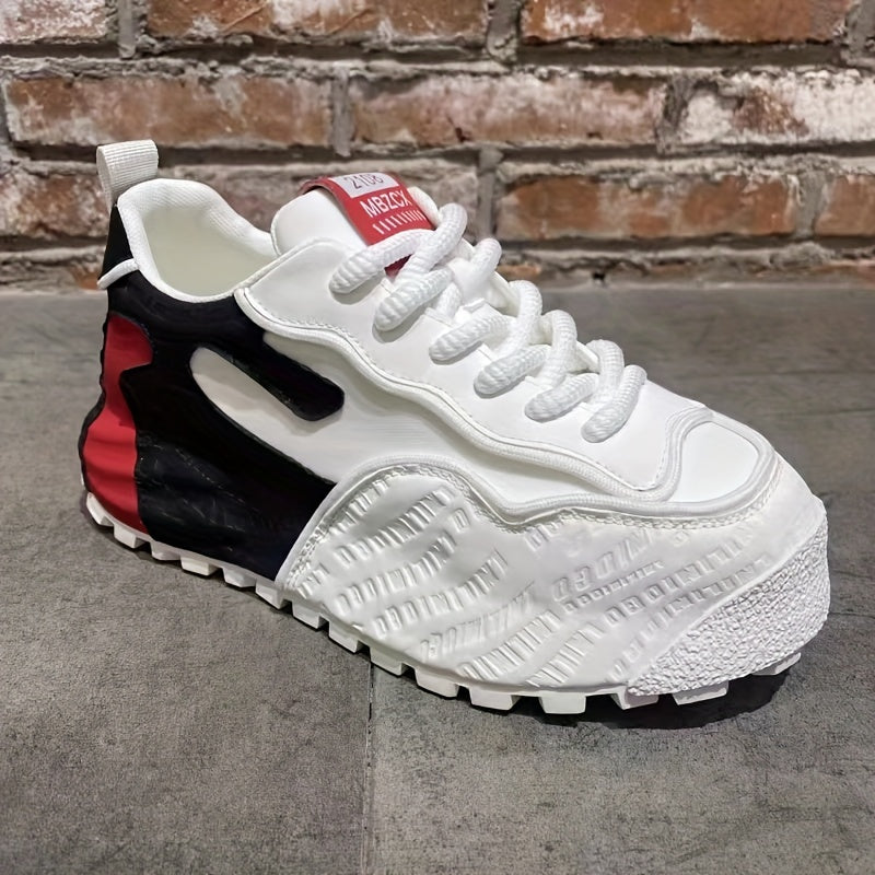 Men's Black Chunky Sole Sneakers with Textured PU Upper and Breathable Fabric Inner