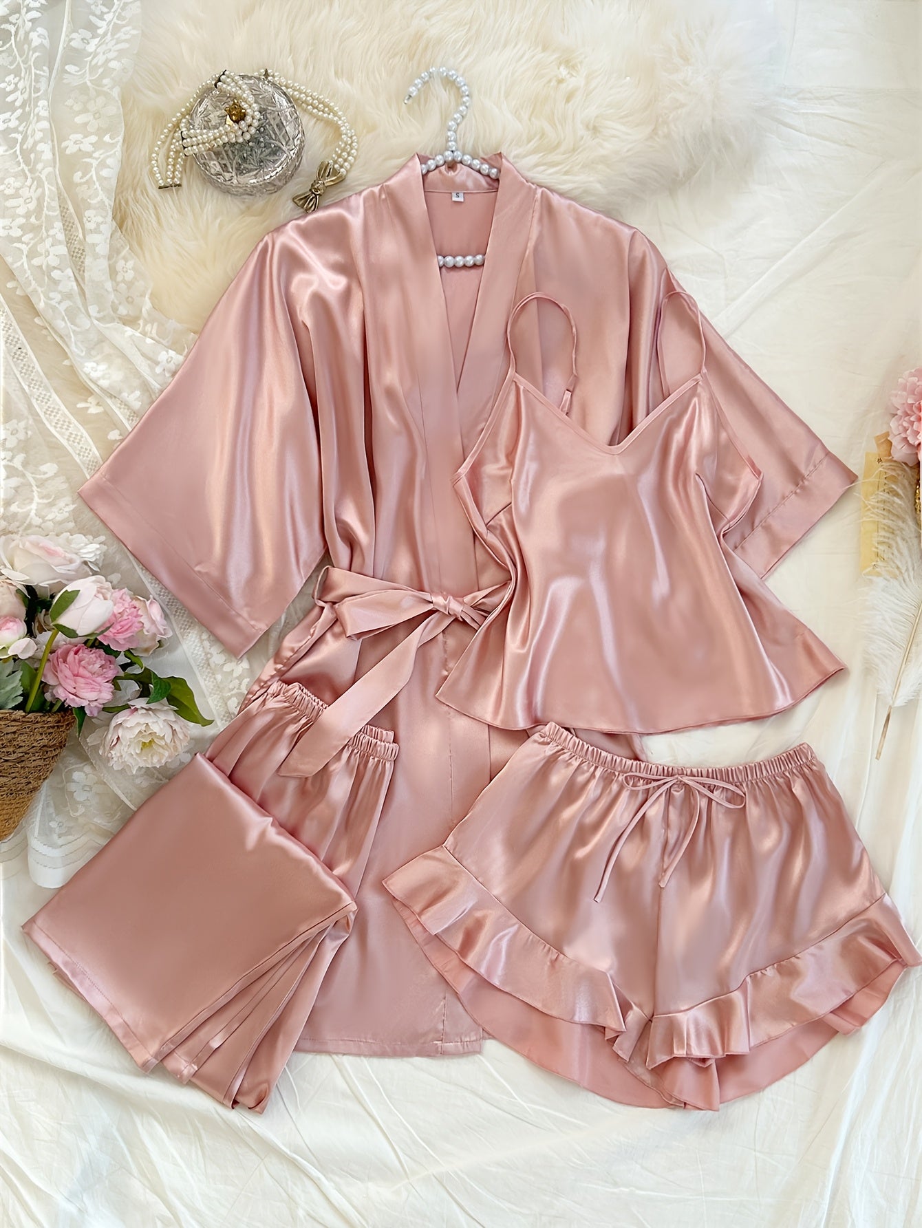 Women's V-Neck Sleepwear Set with Shorts and Pants Solid Polyester All-Season