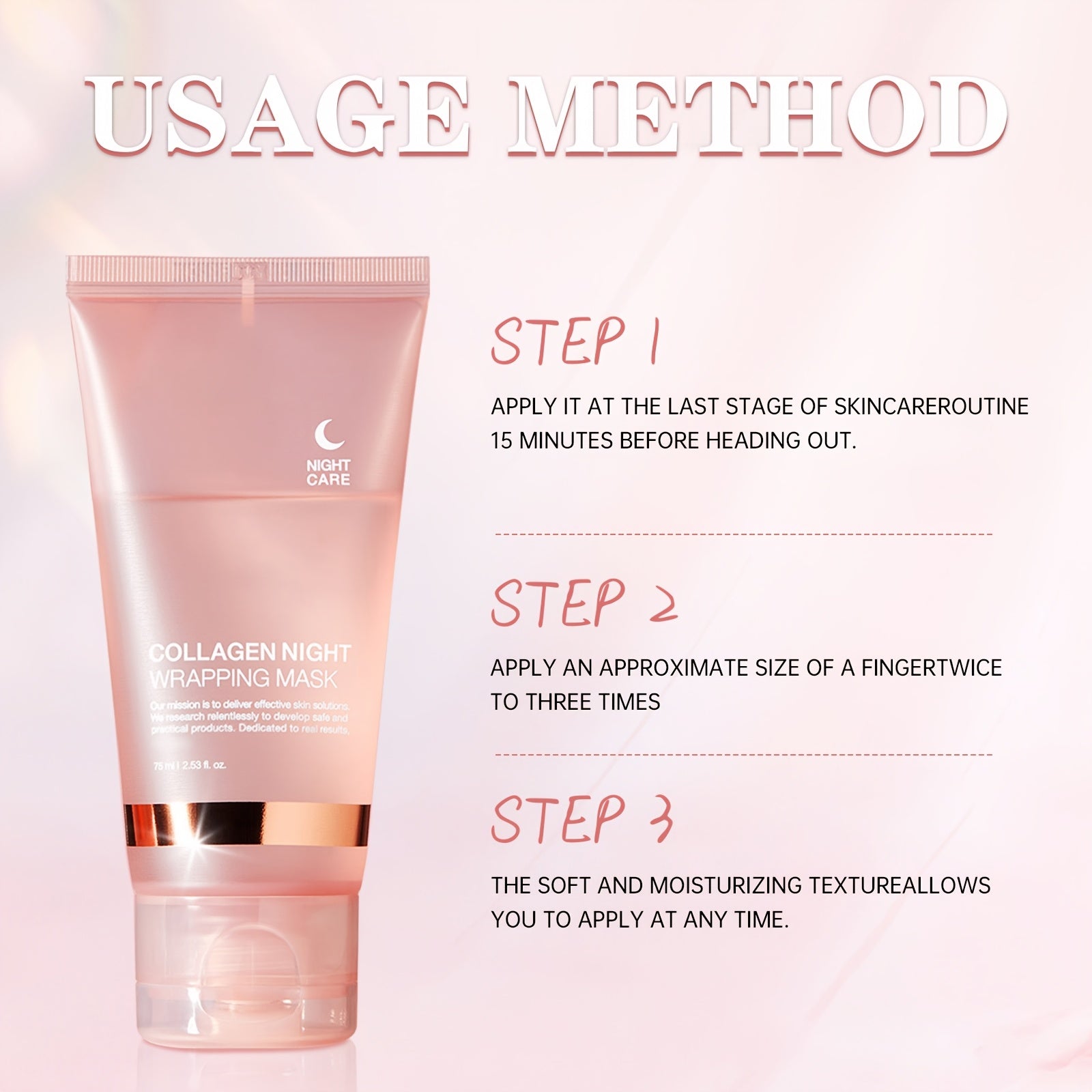 Kollagen kechki parvarish maskasi, 75ml, qo'llash uchun cho'tka bilan - Barcha teri turlari uchun namlantiruvchi va mustahkamlovchi davolash, alkogolsiz, hidlanmagan, Gialuron kislotasi va Niatsinamid bilan namlantiruvchi