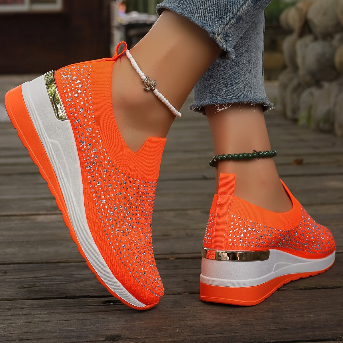 Women's Rhinestone Decor Platform Sneakers Casual Slip-On Outdoor Shoes