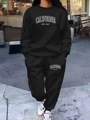 Plus-Size Women's Fleece-Lined Letter Print Sportswear Set Long Sleeve Top Jogger Pants