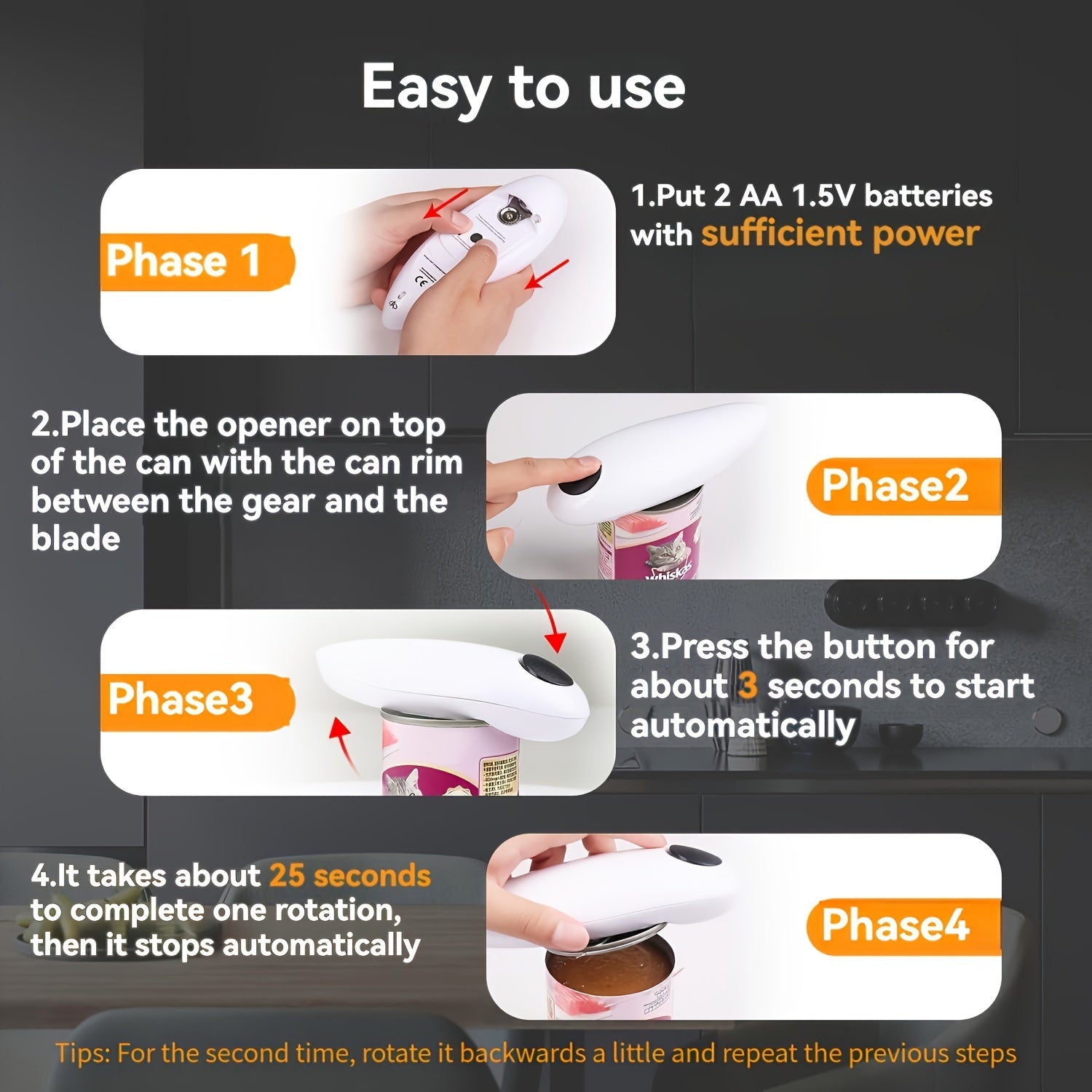 Oson tutish uchun mo'ljallangan dizayni, silliq chetlar va avtomatik ishlash bilan elektr shisha ochgich. Keksa va nogiron shaxslar uchun ideal. Oshxona va tabiatda yurish uchun mukammal. AA batareyalar bilan ishlaydi