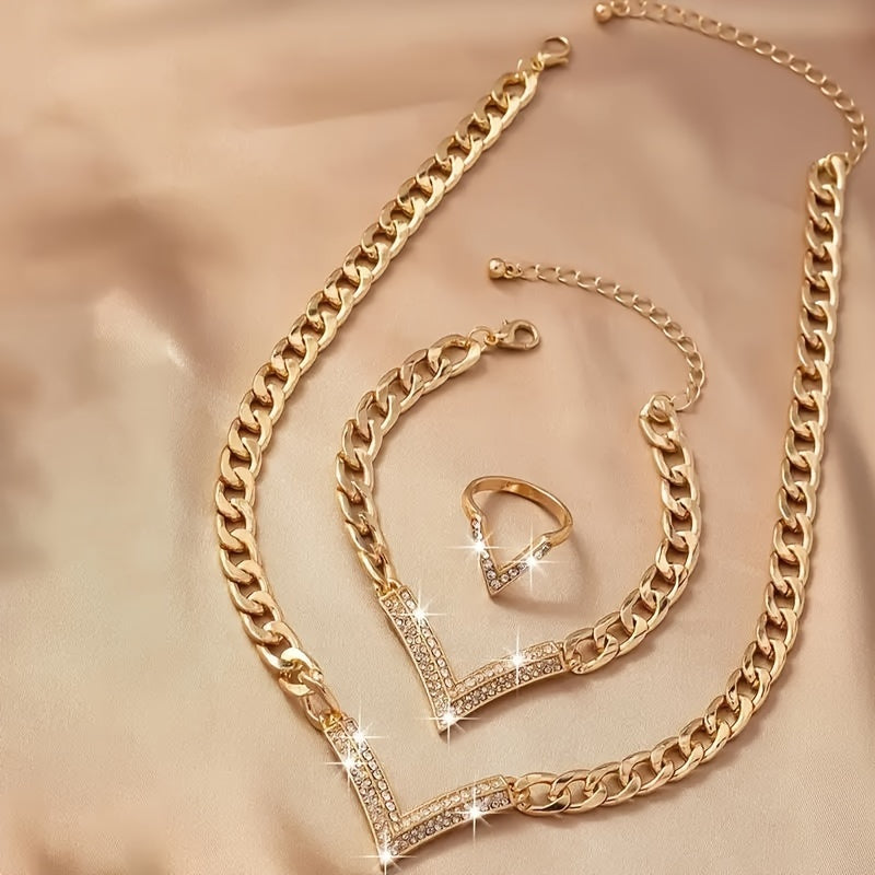 Zarif V-shaklidagi rhinestone zargarlik to'plami - Bunga uzuk, bilaguzuk va marjon kiradi | Har kuni kiyinish uchun ideal