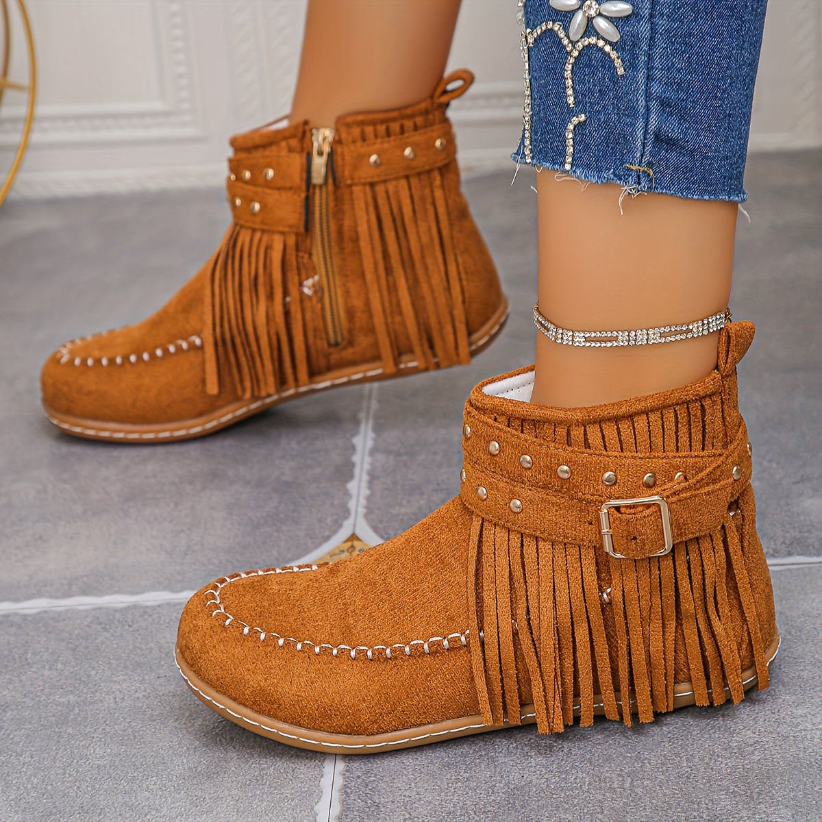 Women’s Short Boots With Tassel Decor, Side Zipper, Comfortable Winter Boots