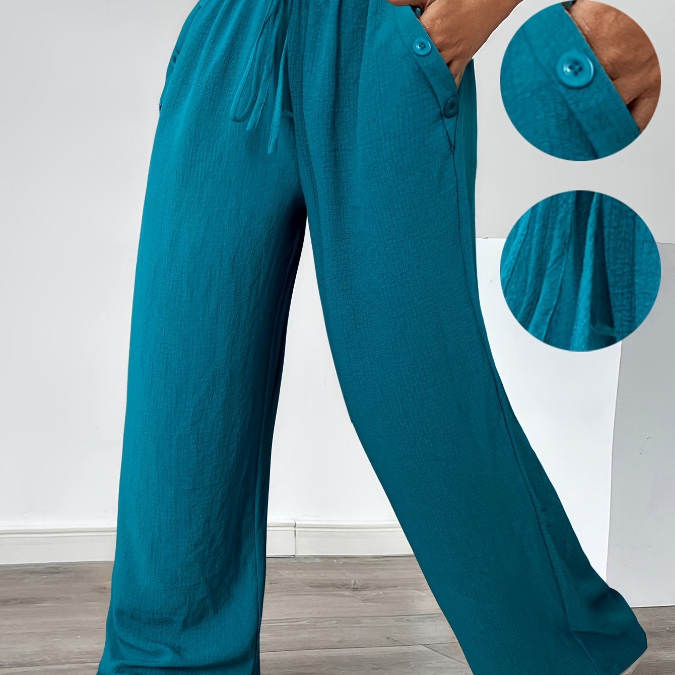 Women's Plus Size Casual Straight Pants with Lace-Up Detail, Solid Color