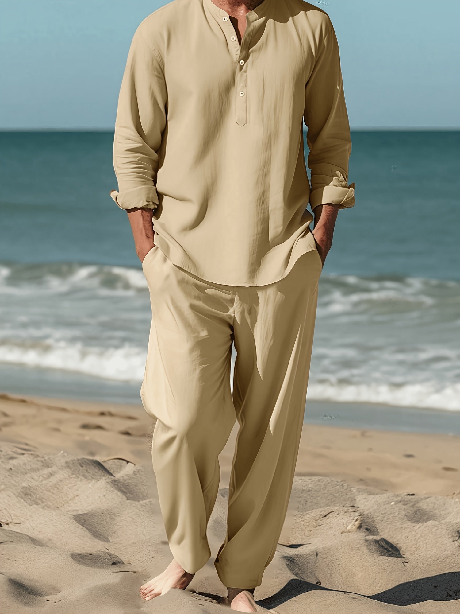 Men's Casual Polyester Suit Set with Solid Color Long Sleeve Shirt and Pants Plus Size