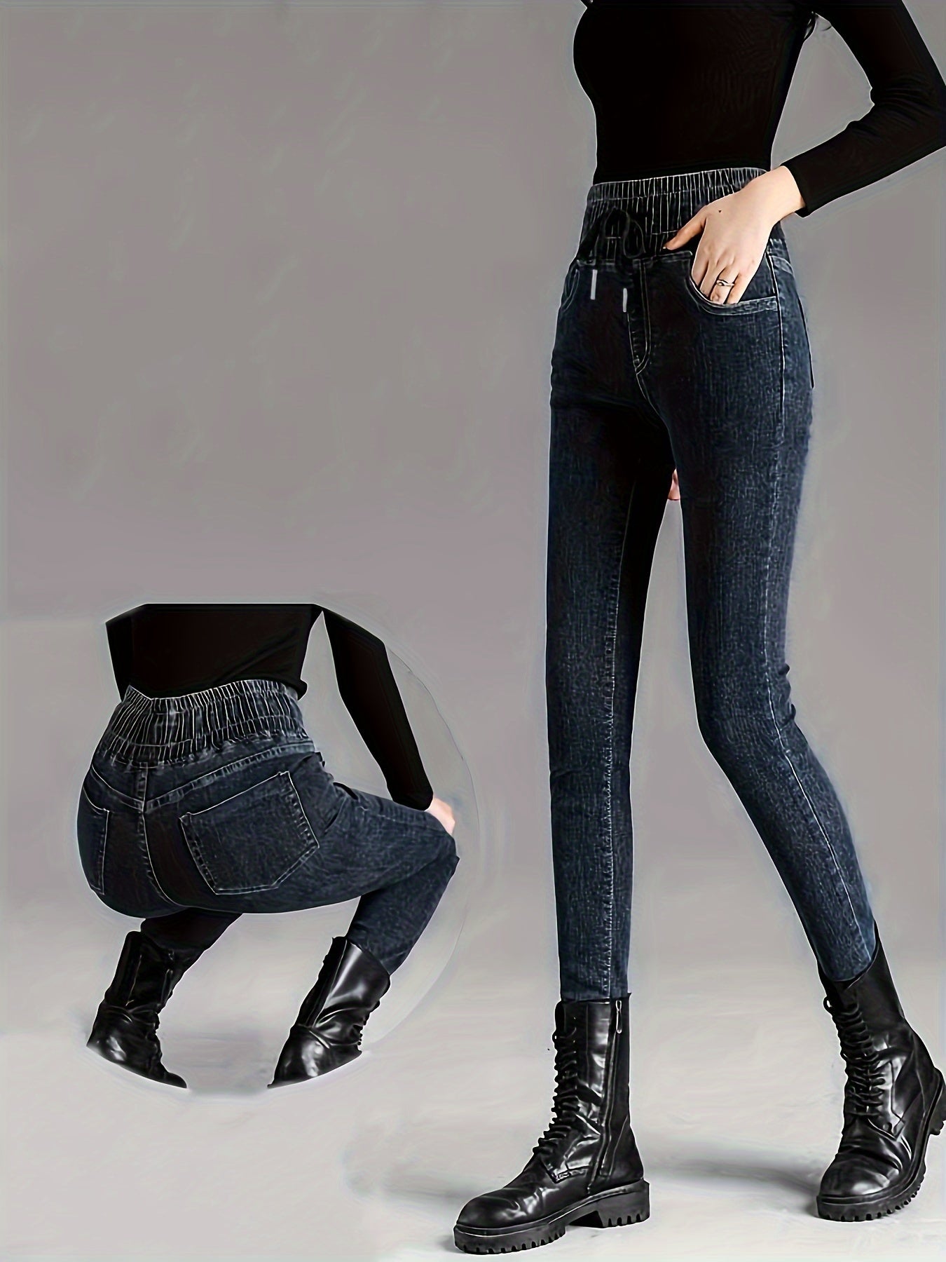 Women's Plus Size High-Waist Stretch Denim Jeans Dark Blue Slim Fit Casual All-Season